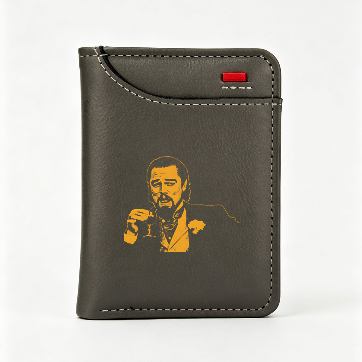 Liam Neeson as a suave gentleman holding a wine glass, stylized in bold yellow and black. - Vertical Style Wallet