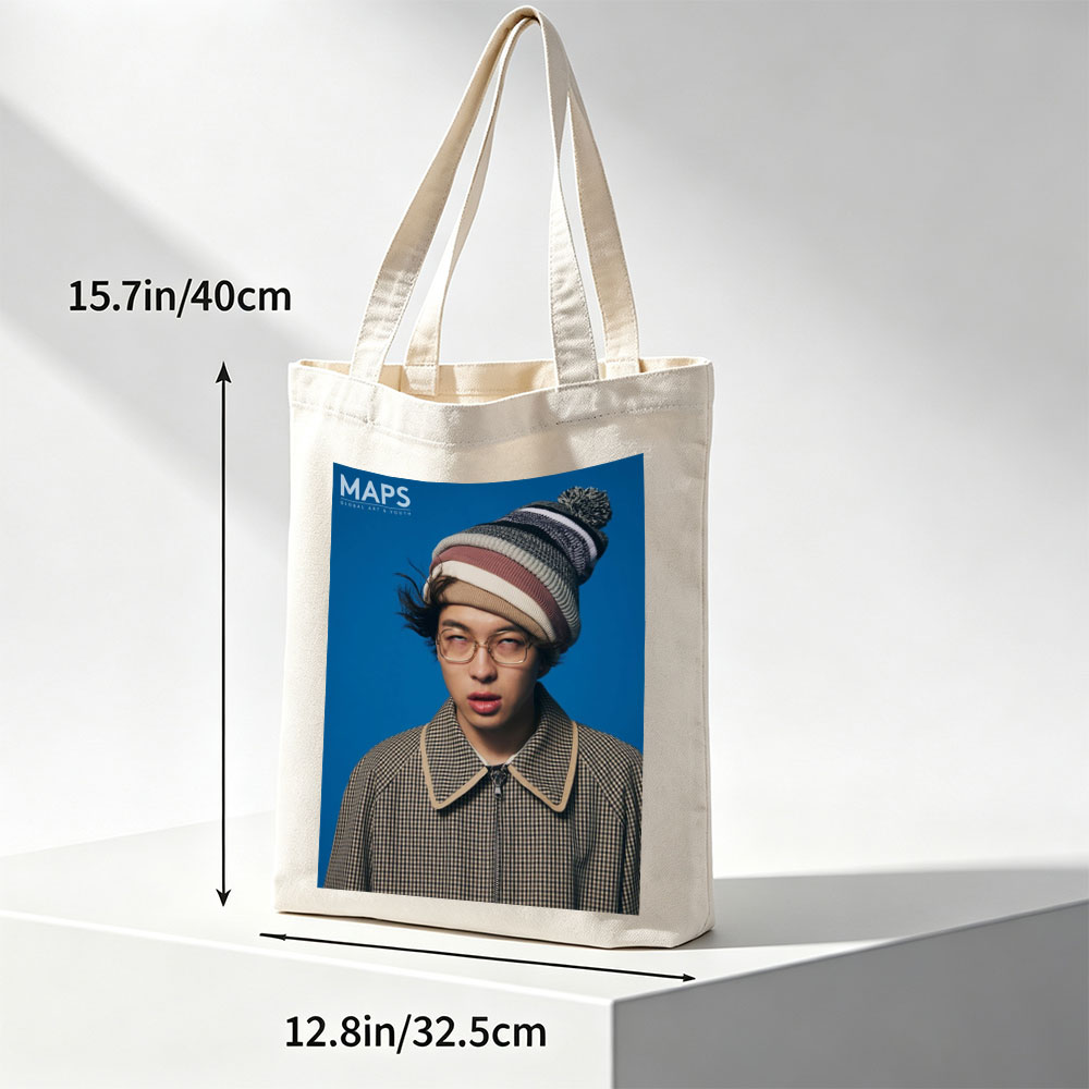 BTS Jungkook in a Stylish Winter Look with Beanie and Checkered Jacket on Blue Background - Canvas tote bags
