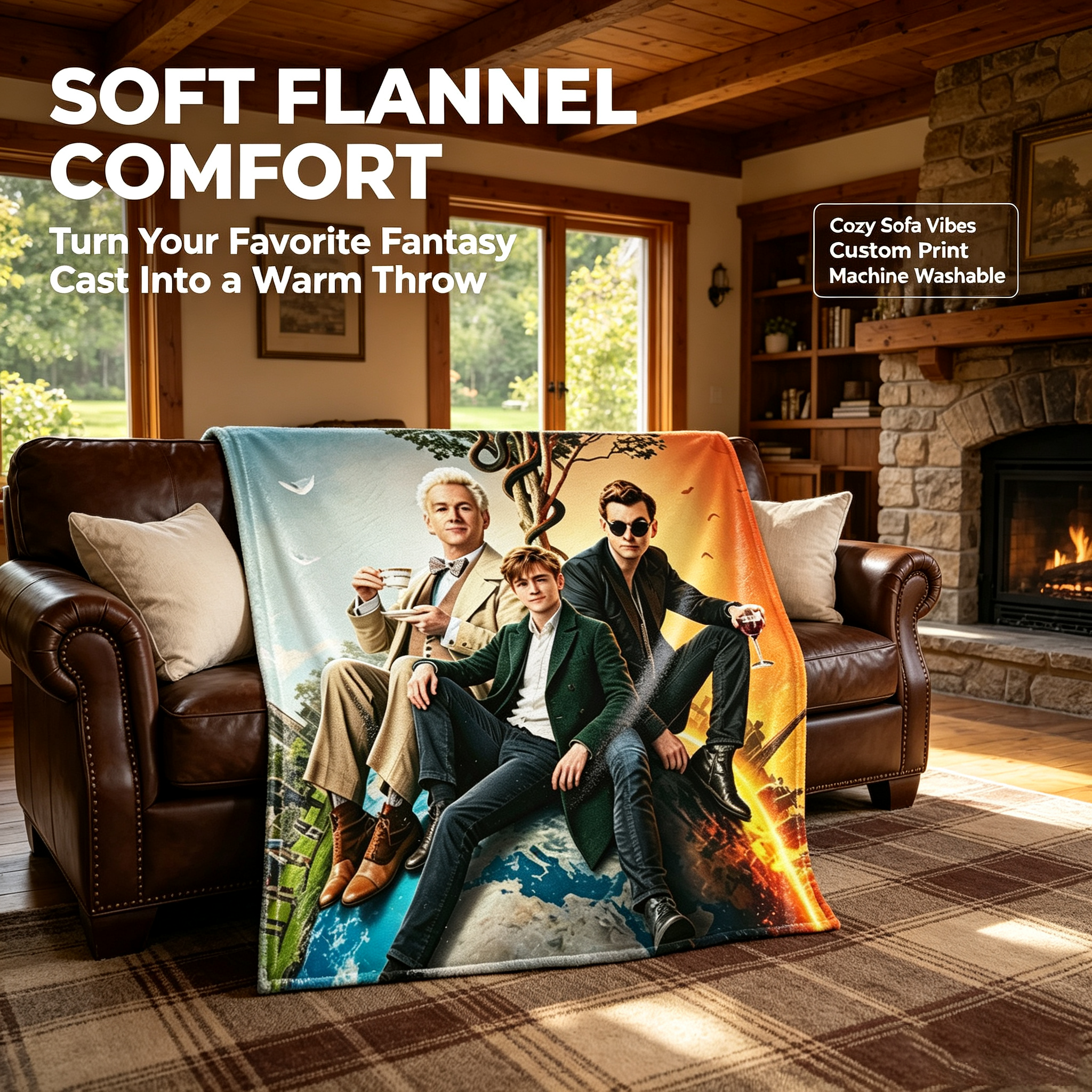 Custom Face Blanket Good Omens Flannel Blanket Featuring Aziraphale and Crowley Perfect for Fans of the TV Series Ideal Gift for Book and Show Lovers Cozy Throw for Couch or Bed Giveaway Item