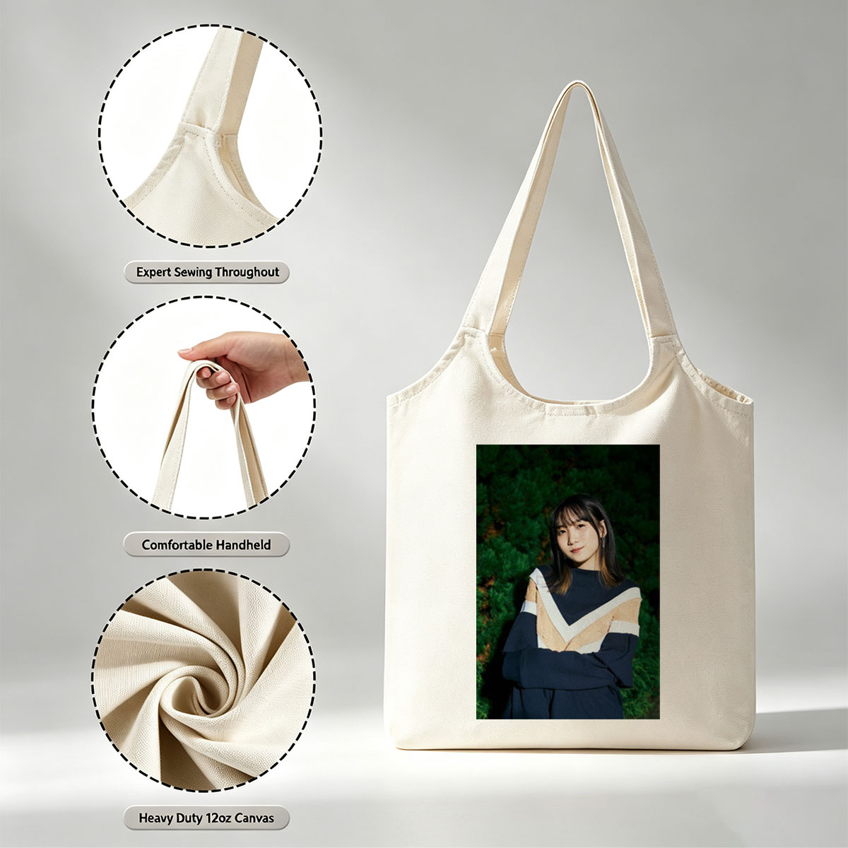 Yui Aragaki in a Stylish Outdoor Portrait with Arms Crossed Against Greenery Background - Canvas shoulder bags/