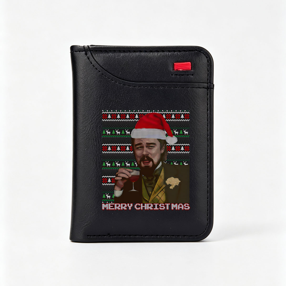 Ricky Gervais in Santa Hat Holding Wine, Christmas Sweater Background, Merry Christmas Text - Vertical Style Wallet