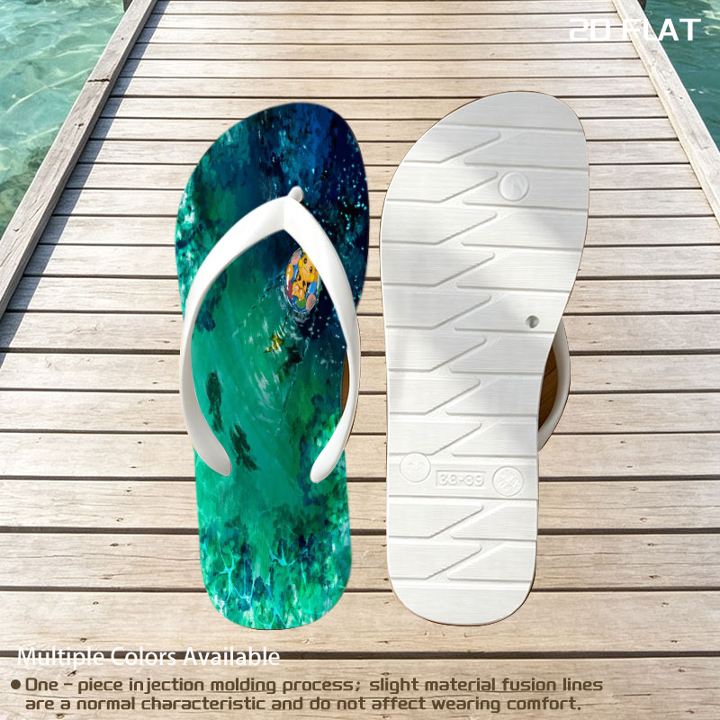 Pikachu floating on a colorful ring in a serene, turquoise pool with fish swimming below. -  flip-flops