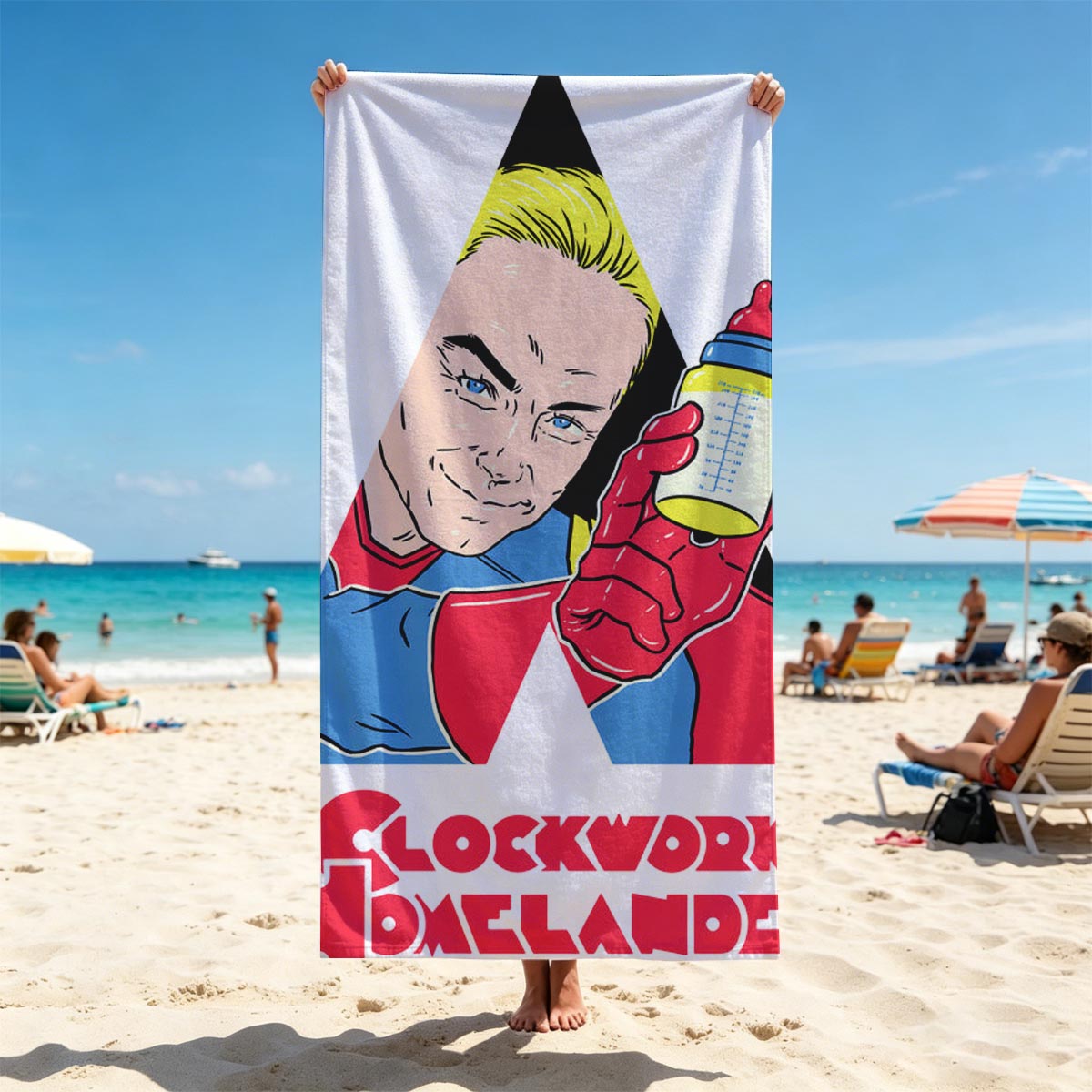 Clockwork Homelander: A Superhero with a Bottle - Beach towels