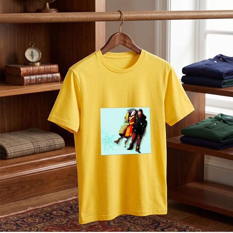 Couple in Winter Coats Walking in Snowy Scene - Tee