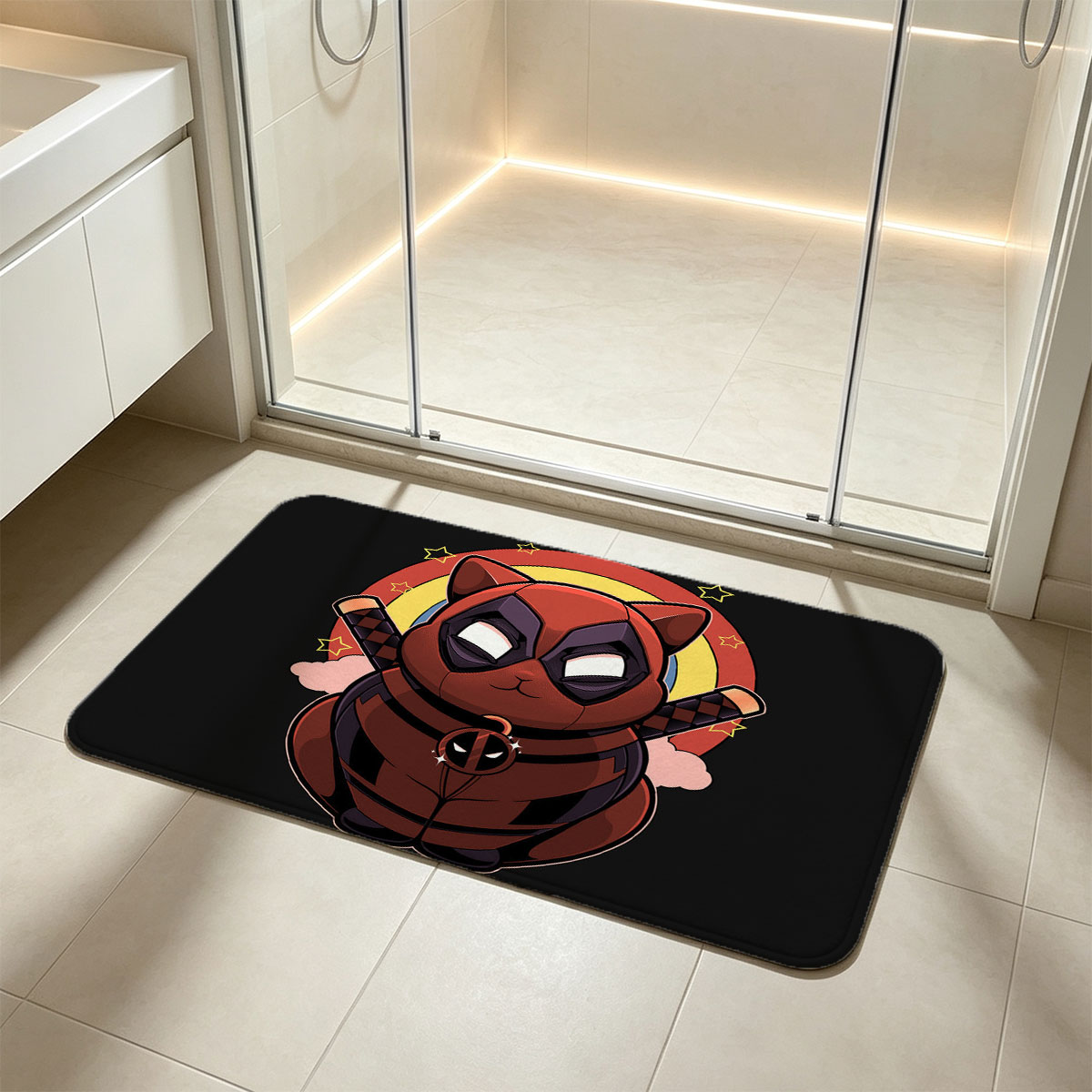 Deadpool Cat in Red Suit with Dual Katanas and Starry Background - Flannel floor mat