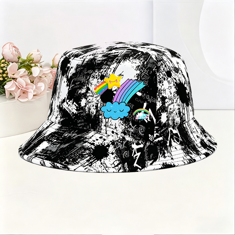 Unisex Classic Graffiti Bucket Hat with Rainbow Star and Cloud Print | Cute Sparkle Design for Outdoor Activities, Travel, and Casual Wear | Perfect for Teens, Young Adults, and Fashion Lovers