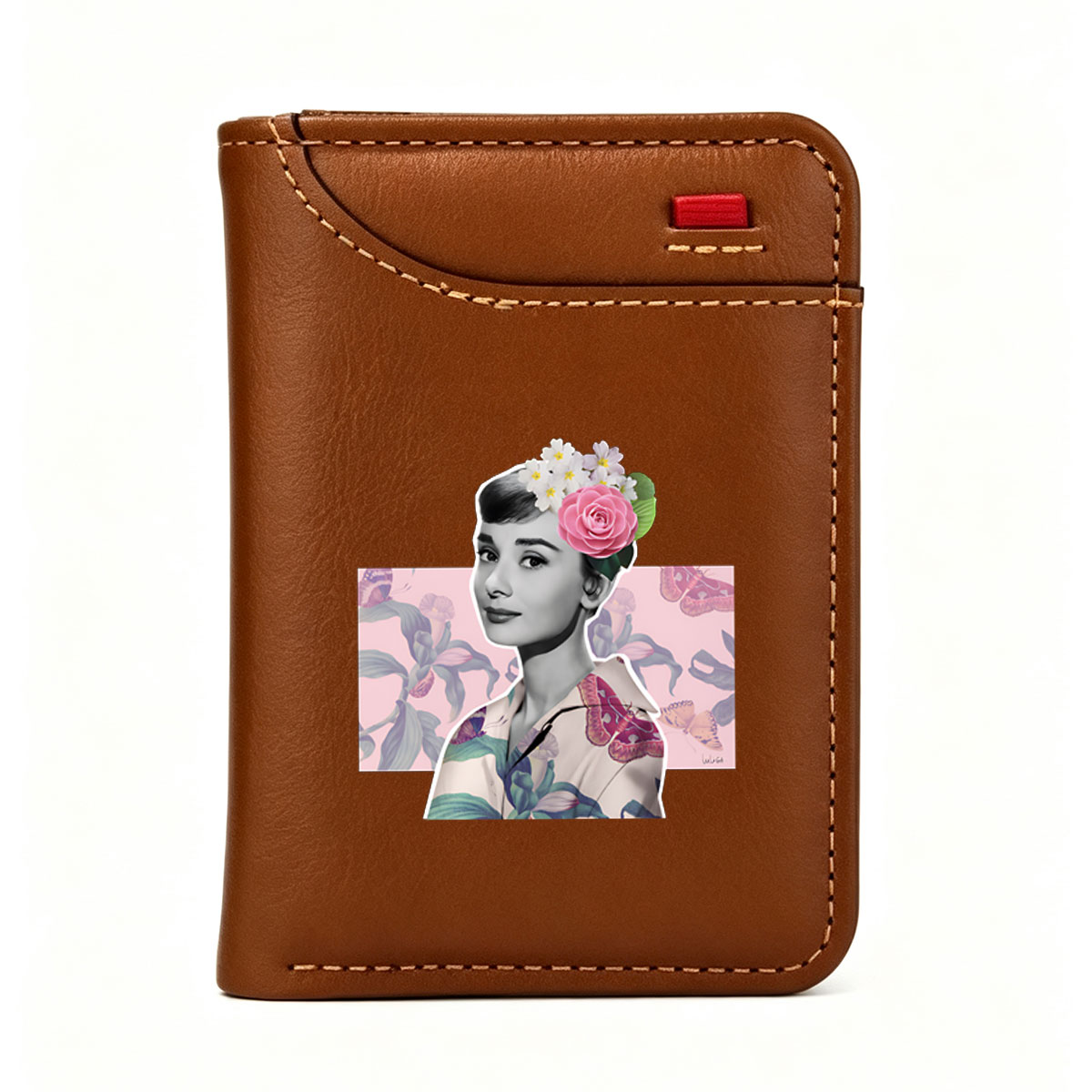 Audrey Hepburn with Floral Crown and Butterfly Patterned Shirt - Vertical Style Wallet
