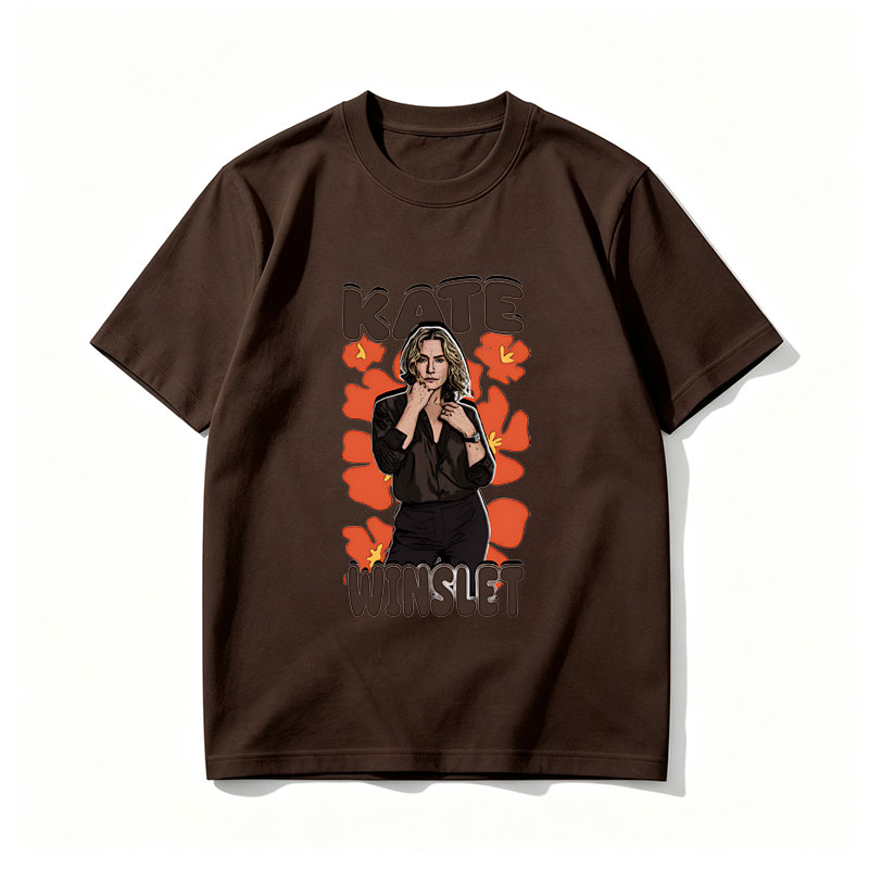 Kate Winslet in a stylish black outfit with floral background - Tee