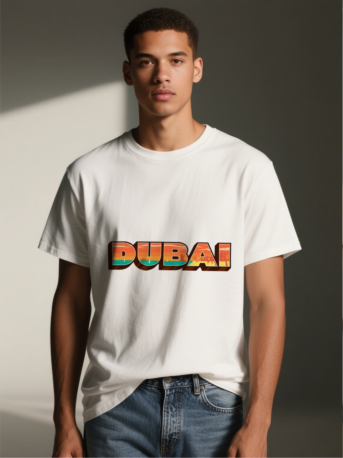 Men's Dubai Sunset Beach Scene Print T-Shirt Casual Round Neck Lightweight Breathable Summer Short Sleeve Tee for Travel Vacation Tourists and City Explorers