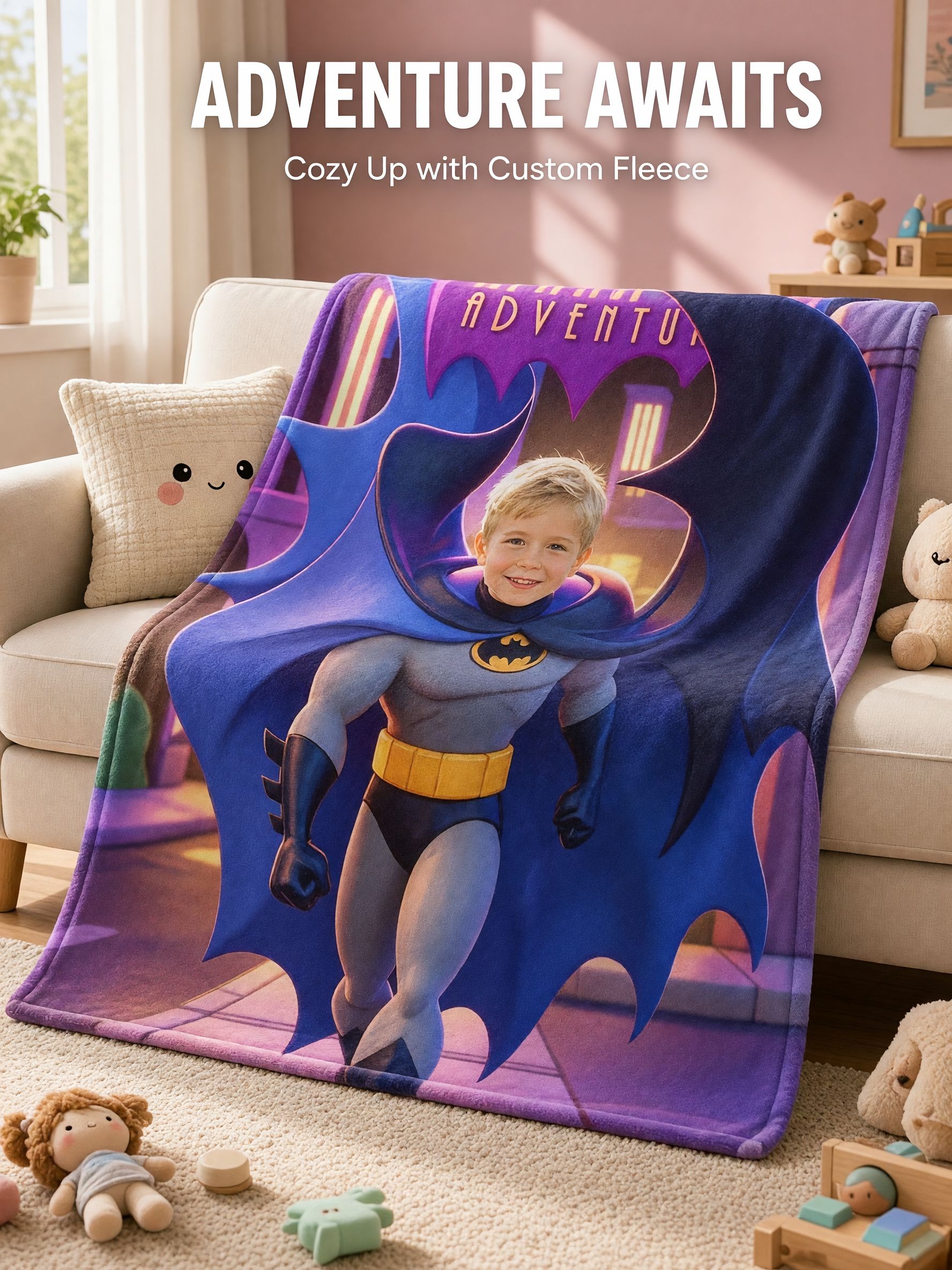 Custom Face Photo Superhero Flannel Blanket Personalized Cozy Warm Plush Throw for Kids Family Birthday Gift