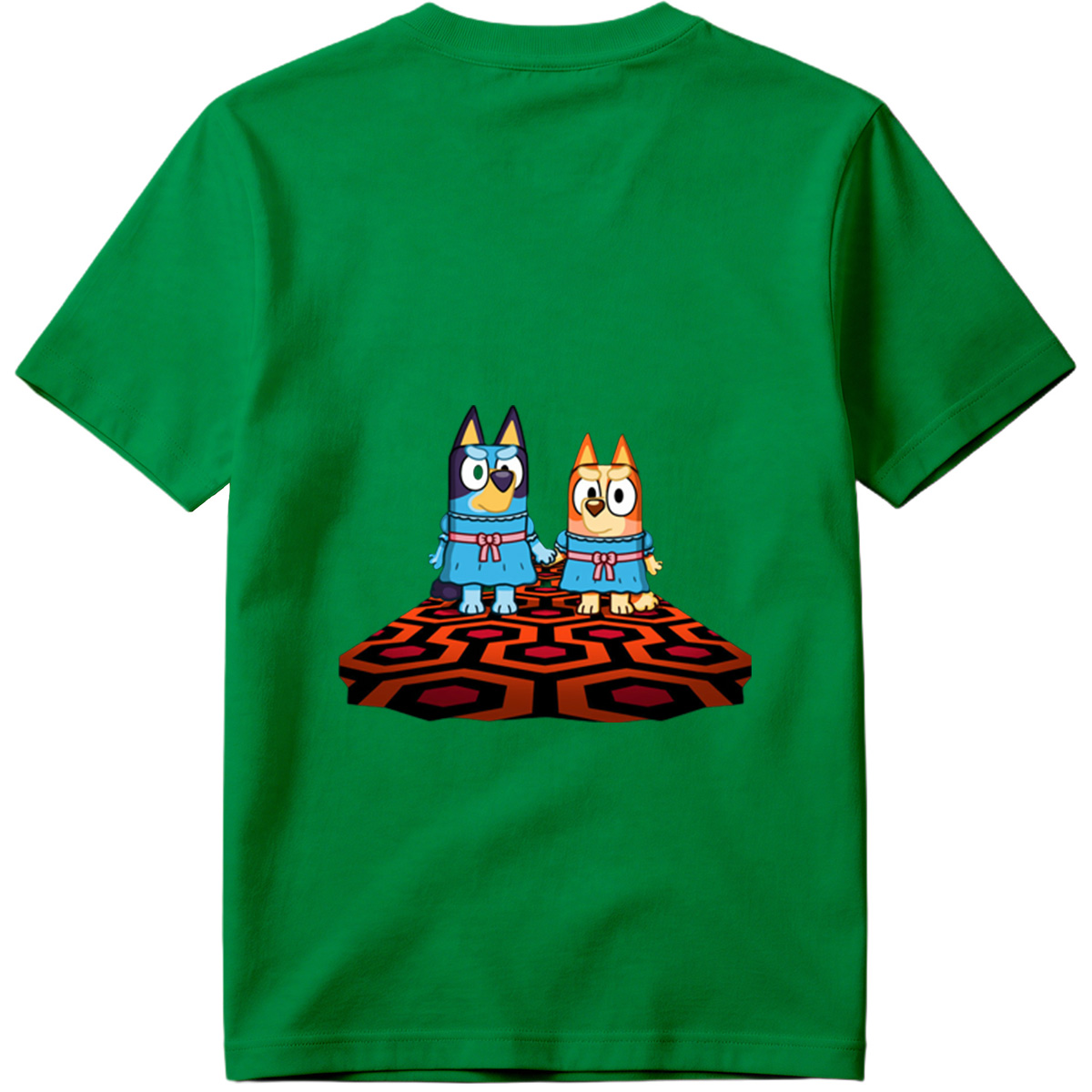 Bluey and Bingo in Matching Dresses on a Patterned Rug - Tee