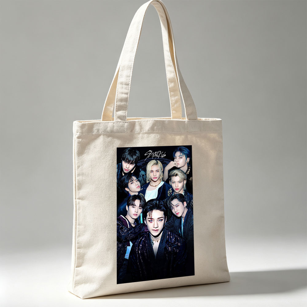 Stray Kids Group Portrait in Dark Elegant Attire with Intense Expressions - Canvas tote bags