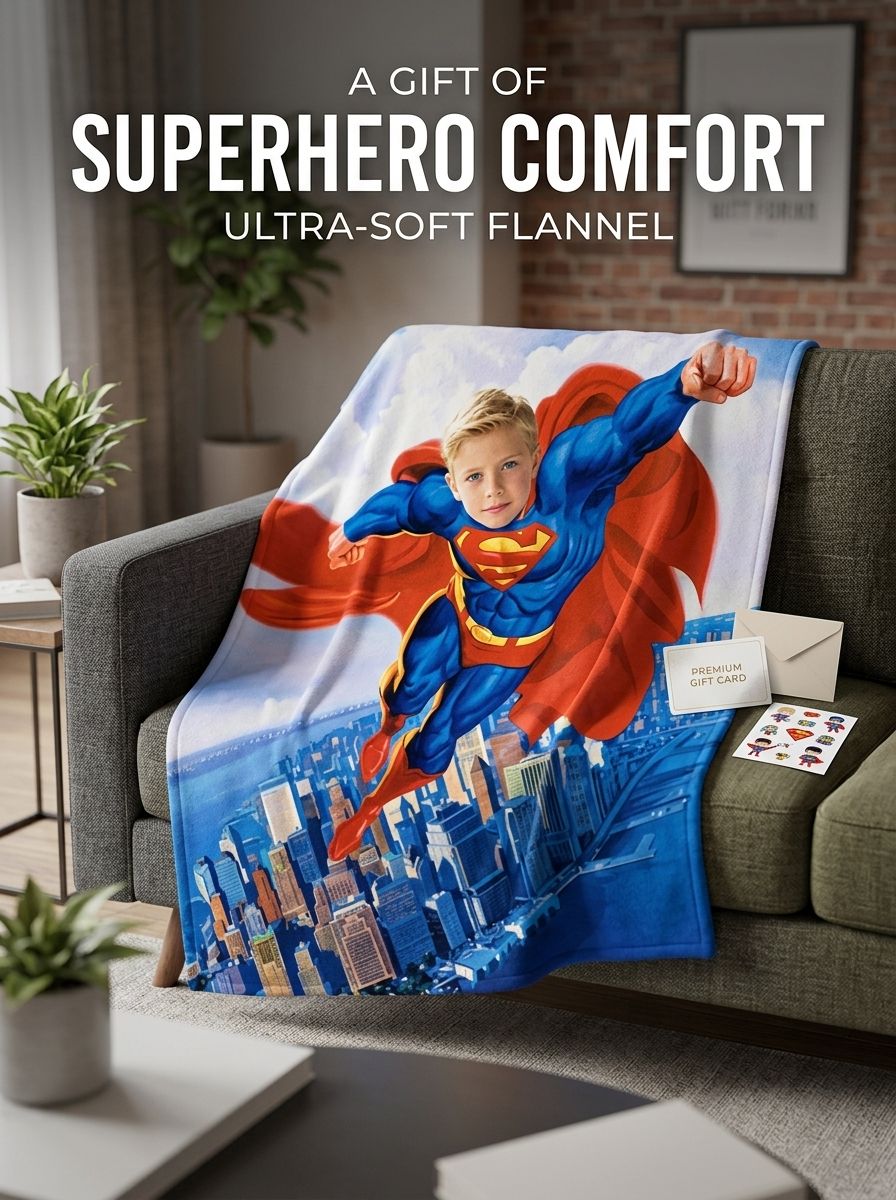 Custom Superhero Photo Face Blanket Ultra Soft Velvet Flannel Throw Personalized Keepsake Gift for Kids and Family