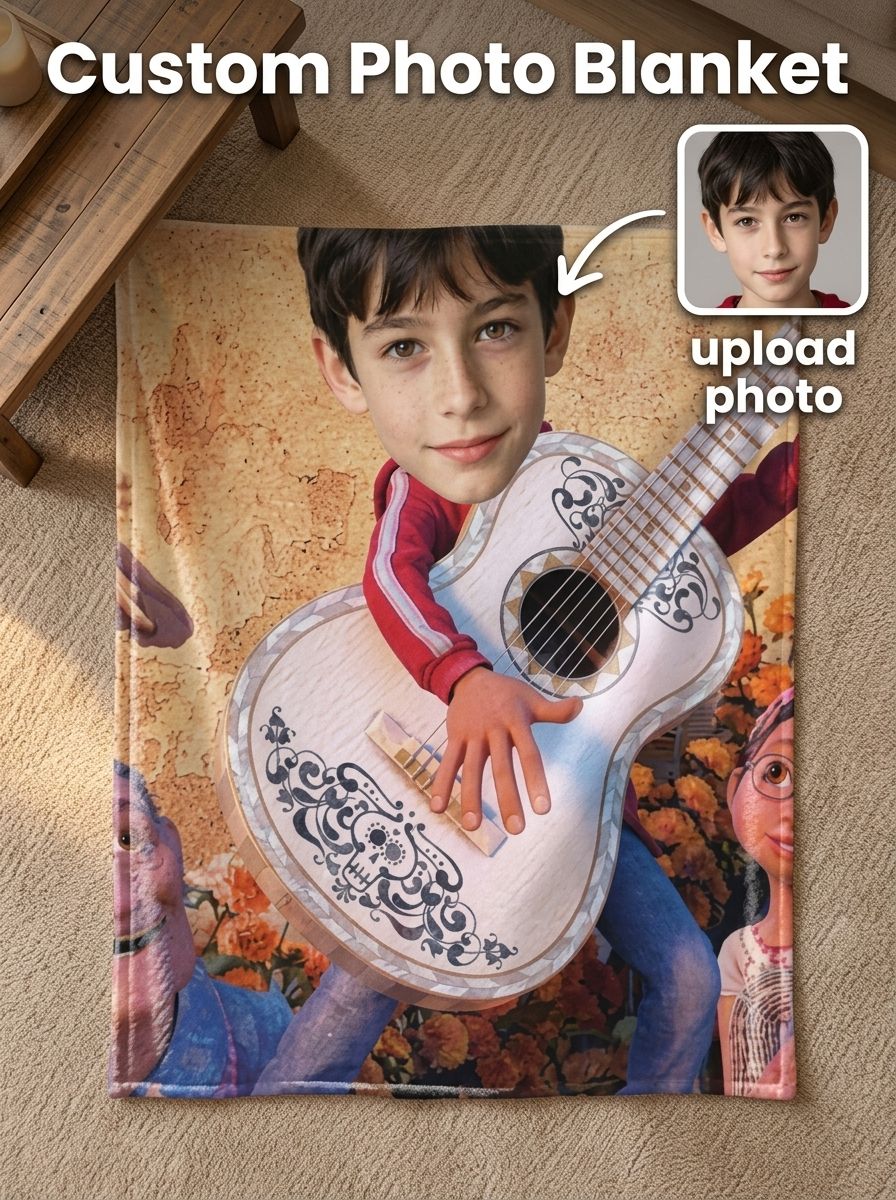 Custom Photo Face Blanket Personalized Guitar Musician Flannel Fleece Throw Soft Anti-Pilling Keepsake Gift for Kids and Family