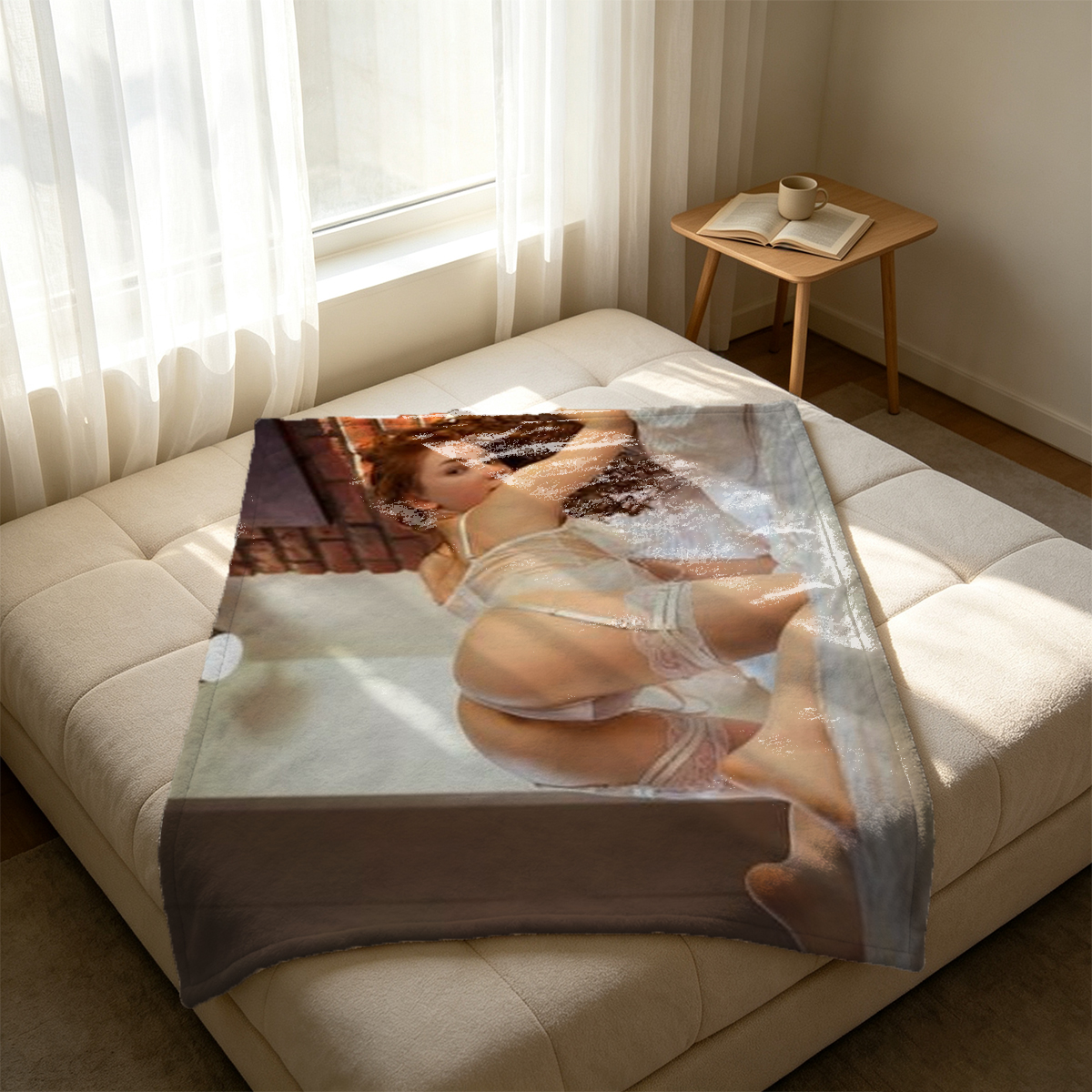 Sheer Floral Robe Seduction on Marble Bathtub Edge - Blanket