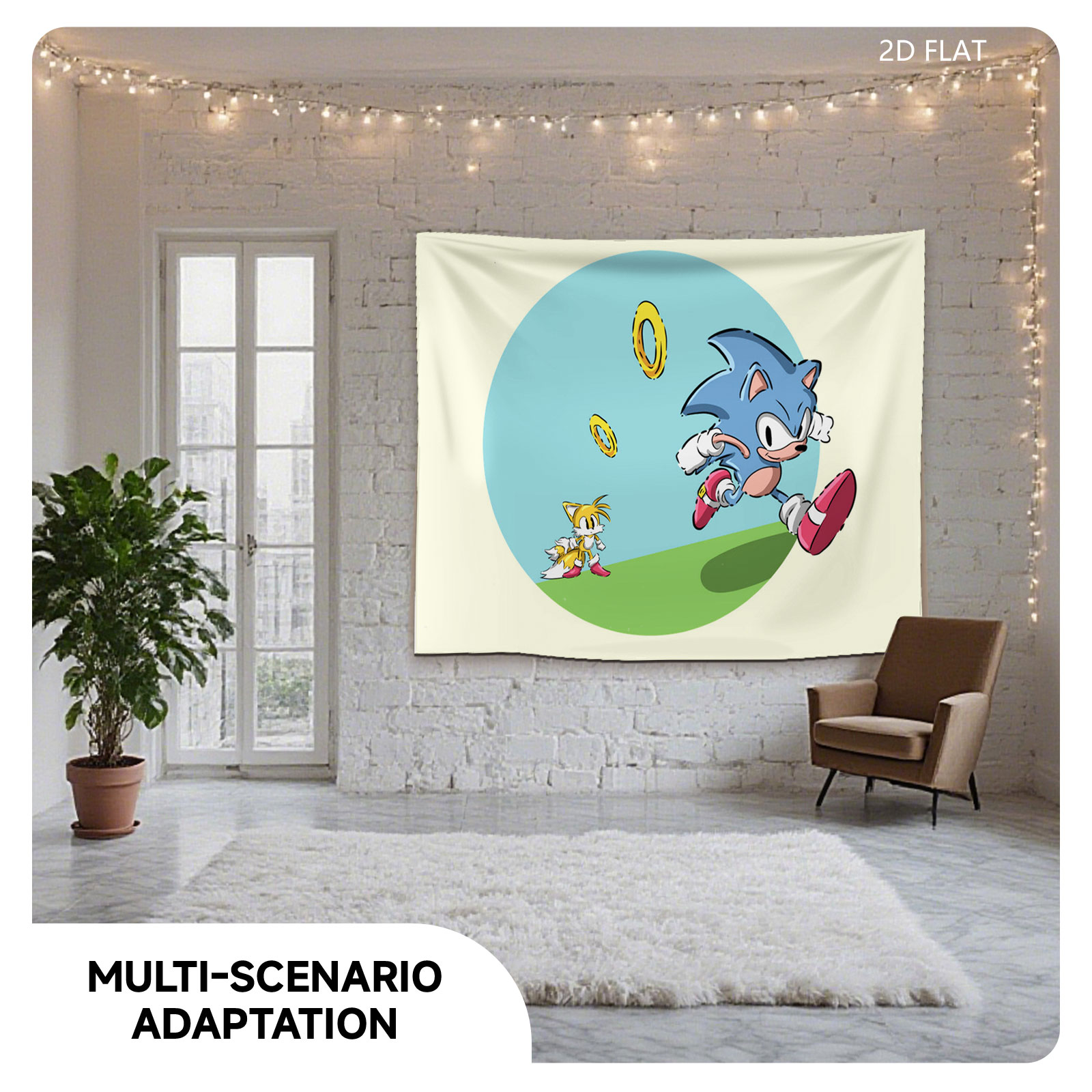 Sonic the Hedgehog and Tails Running with Golden Rings - Tapestry