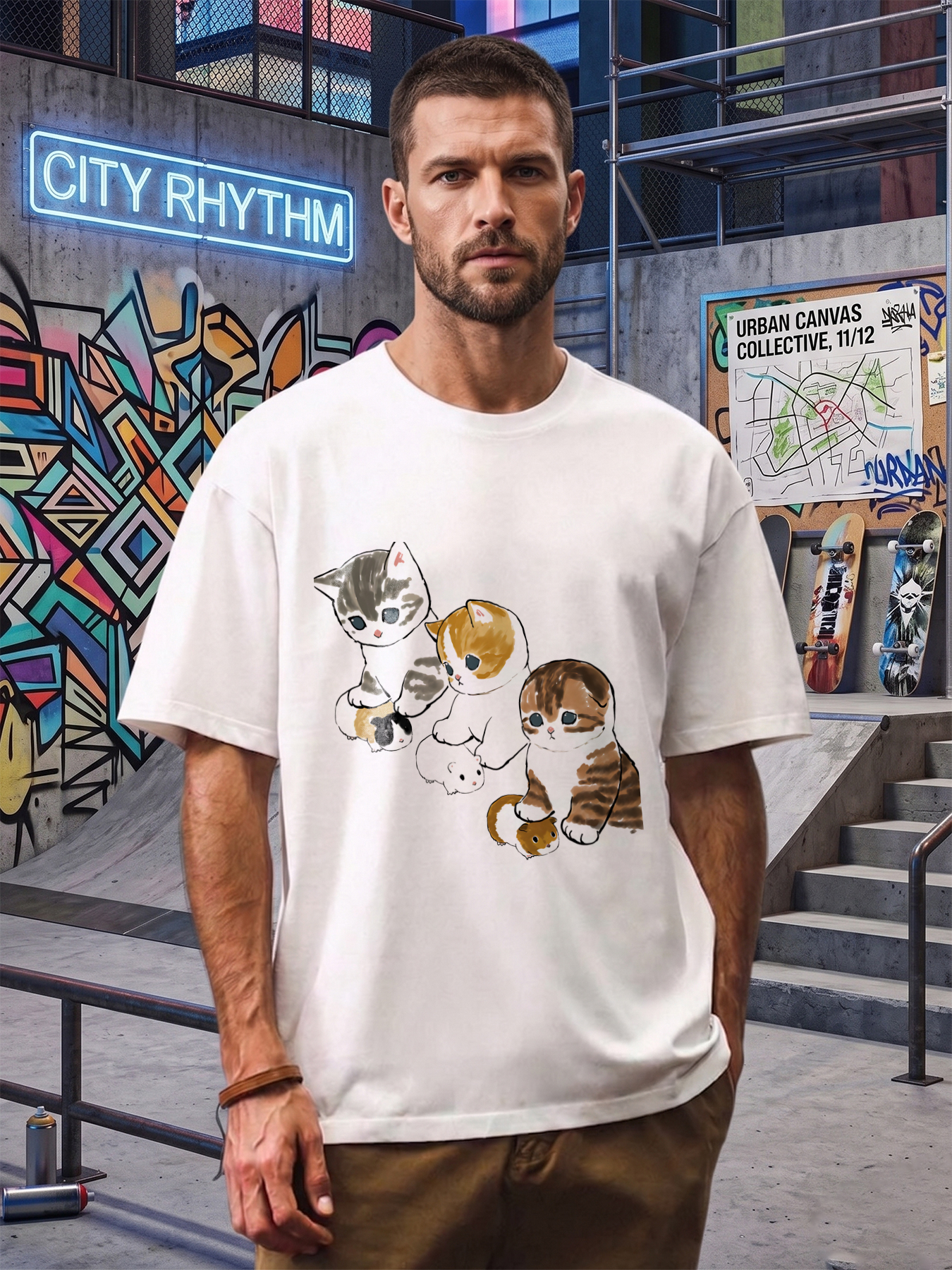 Men's Printed T-Shirt Featuring Cute Cartoon Cats with Expressive Eyes and Playful Design, Casual Round Neck Summer Lightweight Breathable Short Sleeve T-Shirt for Daily Wear, Outdoor Activities, and Pet Lovers