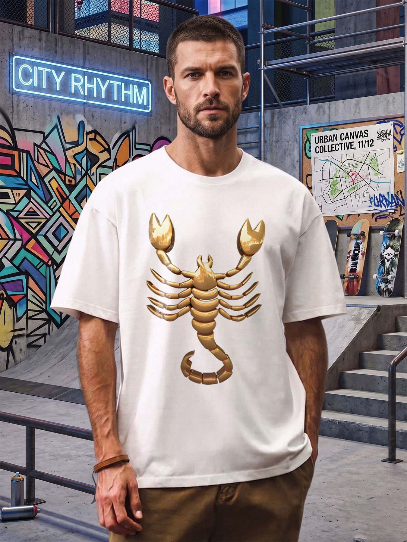 Men's Golden Scorpion Print T-Shirt Casual Round Neck Summer Lightweight Breathable Short Sleeve Tee for Outdoor Activities and Daily Wear Adults