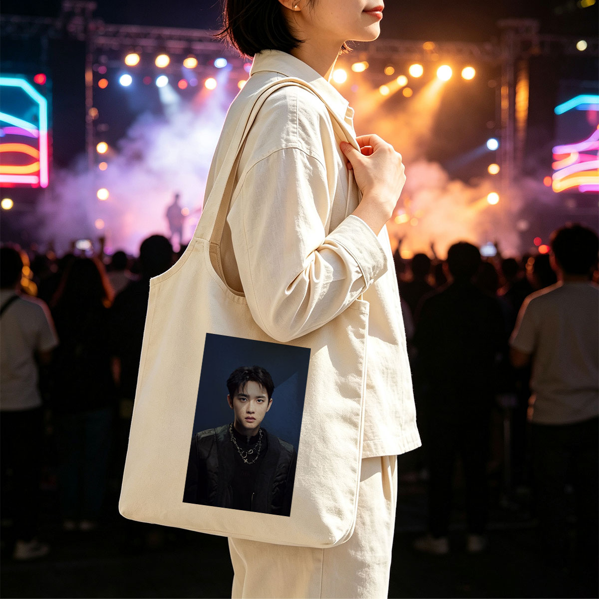 Do Kyung Soo in a Stylish Black Outfit with Layered Necklaces Against a Dark Blue Background - Canvas shoulder bags/