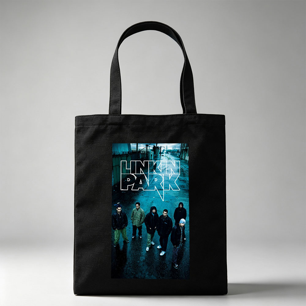 Linkin Park Band Standing in a Rainy Industrial Alleyway with Bold Logo Overlay - Canvas tote bags