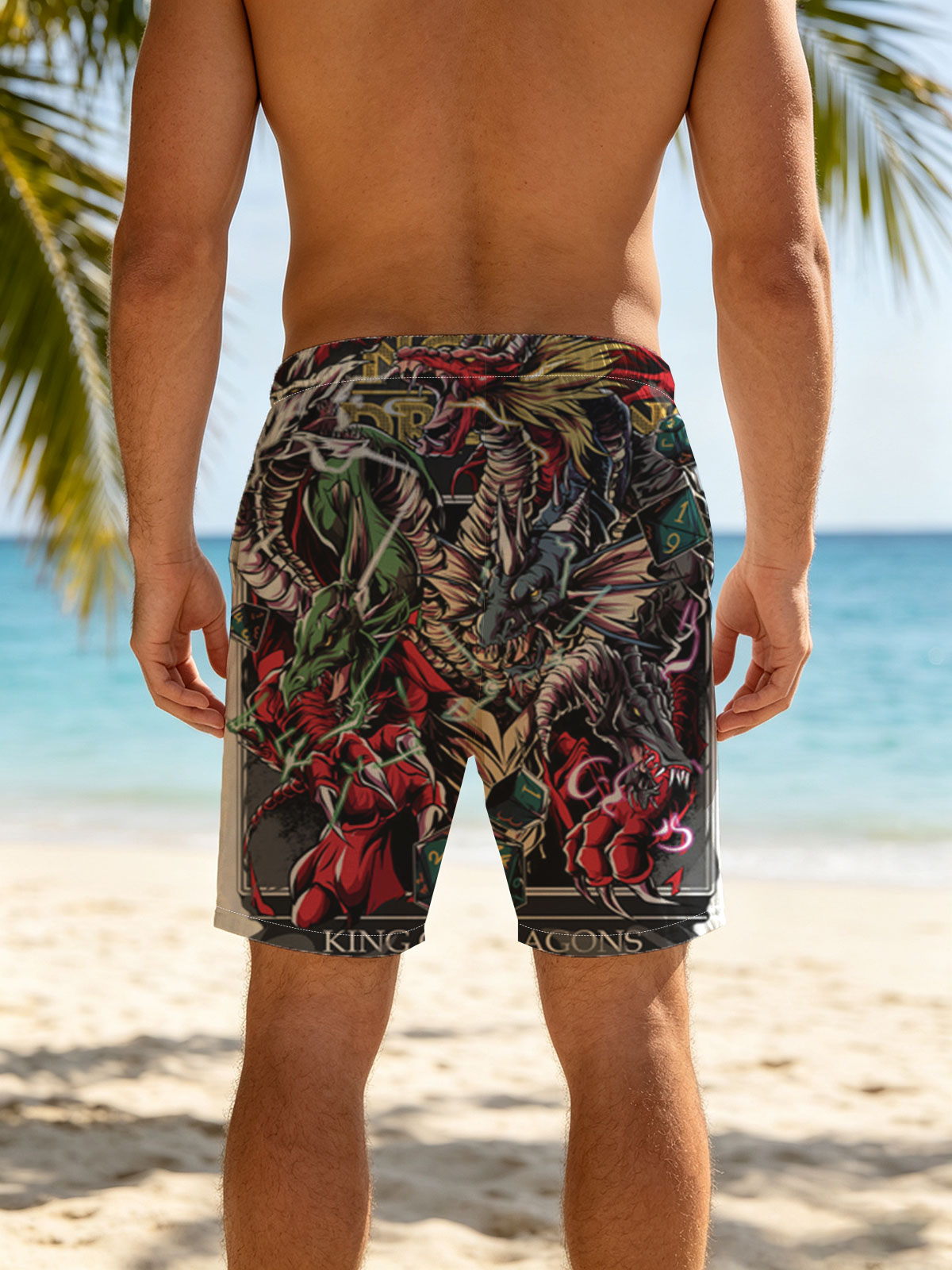 King of Dragons: Mythic Beasts and D20 Dice Fusion Art -  Beach shorts