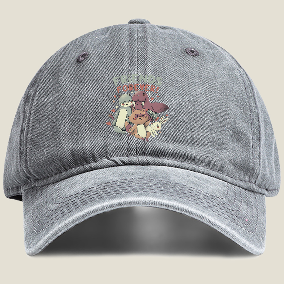 Friends Forever: Otter, Walrus, Cat, and Bunny - Washed Denim - Baseball Cap