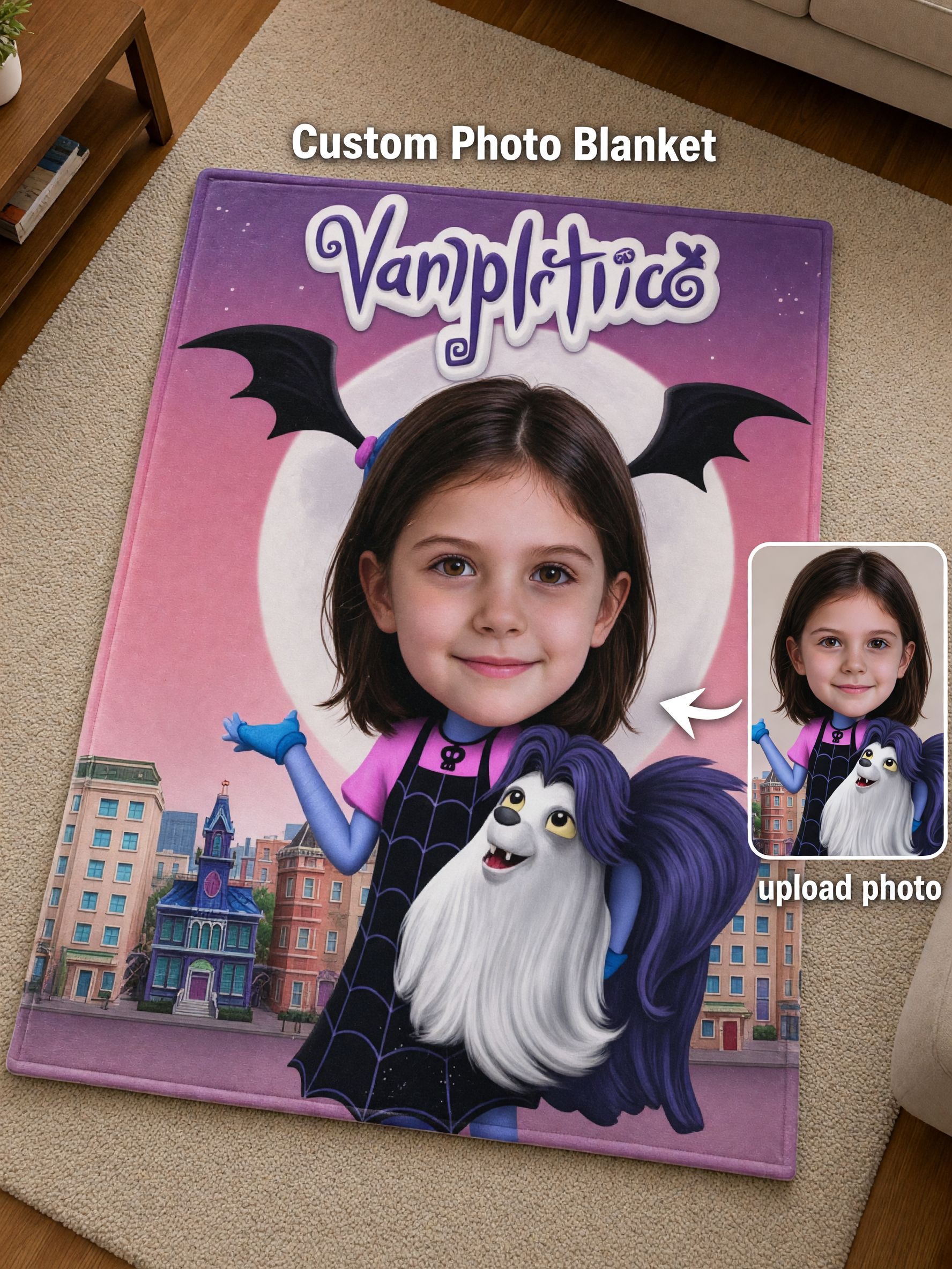 Personalized Photo Face Blanket Custom Cartoon Vampire Flannel Fleece Throw Cozy Birthday Gift for Kids and Family