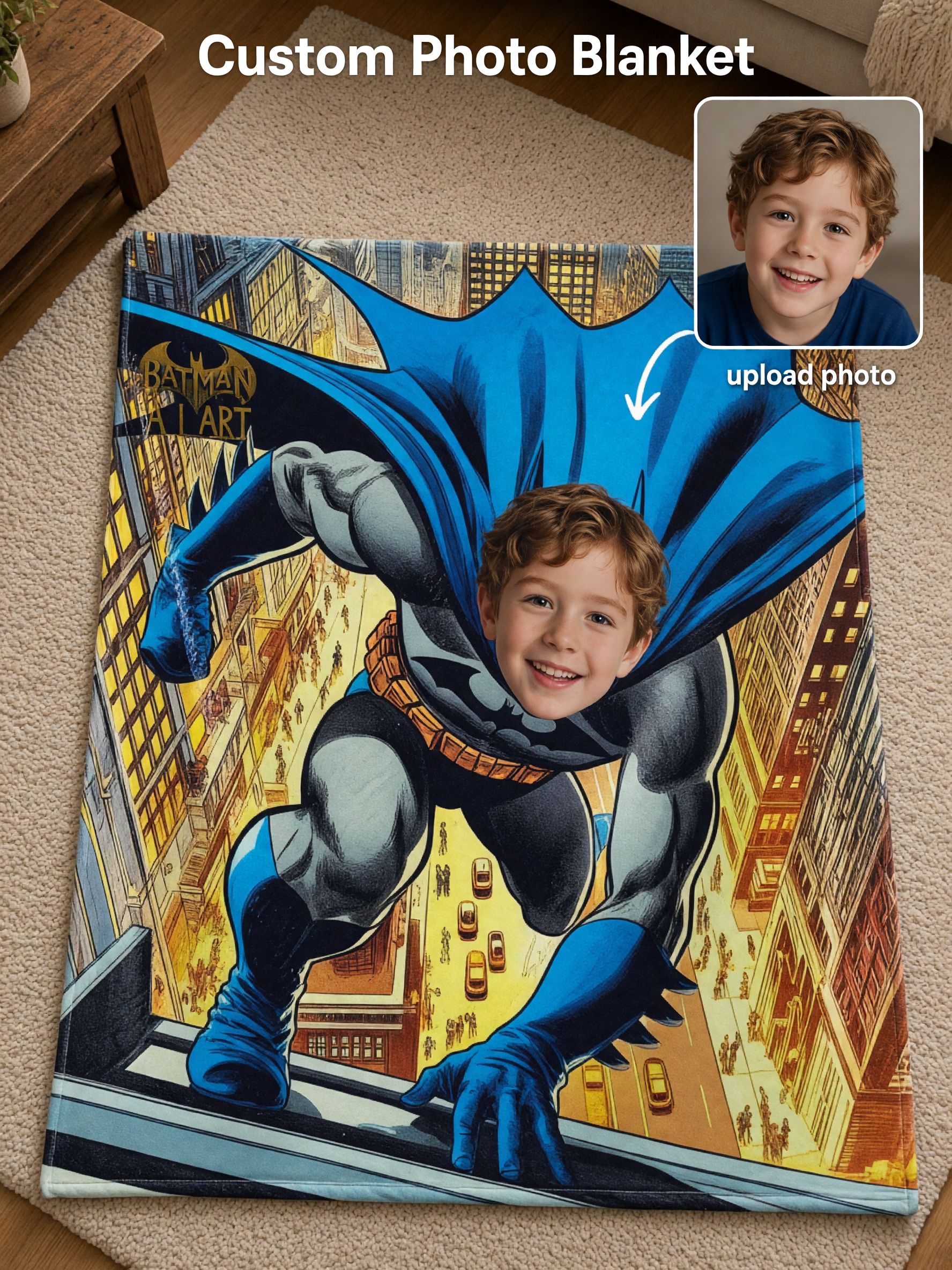 Custom Face Superhero Flannel Blanket, Personalized Comic Hero Photo Throw, Cozy Soft Keepsake Gift for Bed and Couch