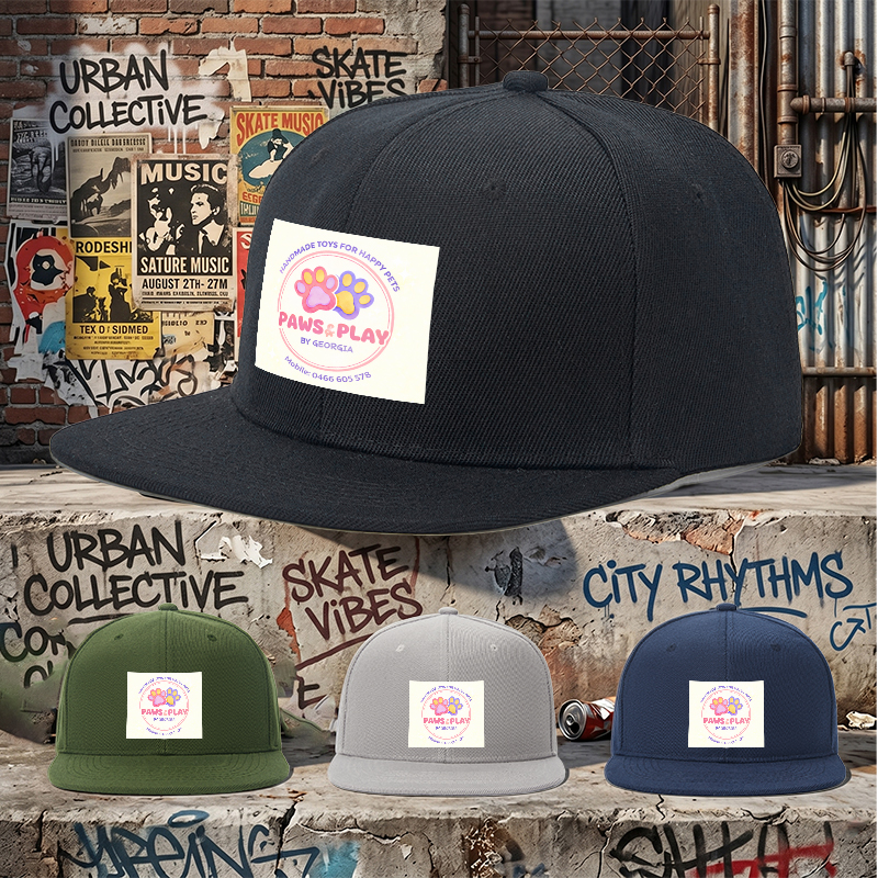 Flat Brim Baseball Cap Paws & Play Logo Print Streetwear Underground Skate Style for Basketball Court Skate Park Urban Lifestyle Skaters Rappers Streetwear Enthusiasts