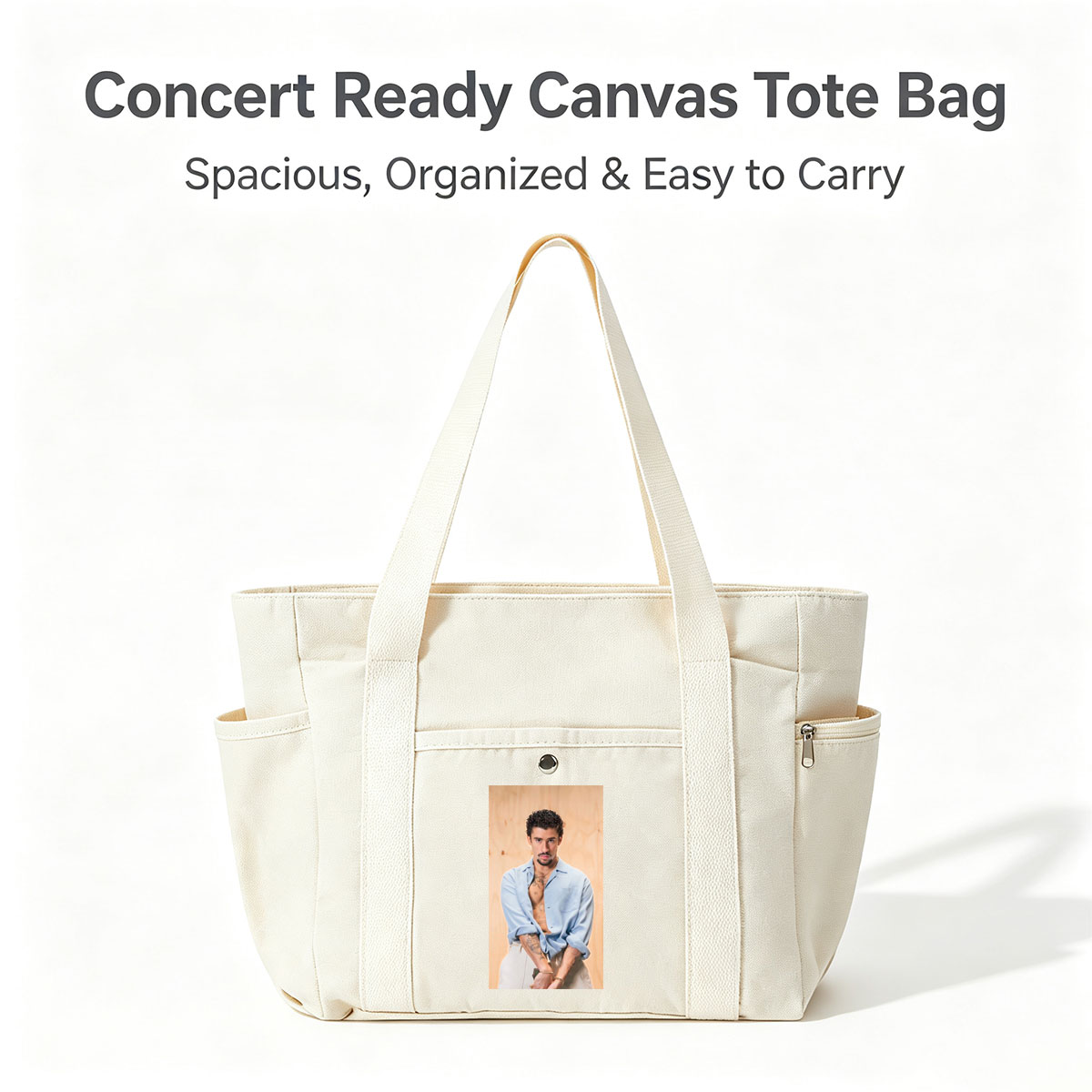 Bad Bunny in a Casual Pose Wearing an Open Light Blue Shirt and White Pants with Visible Tattoos - Multi-pocket bags