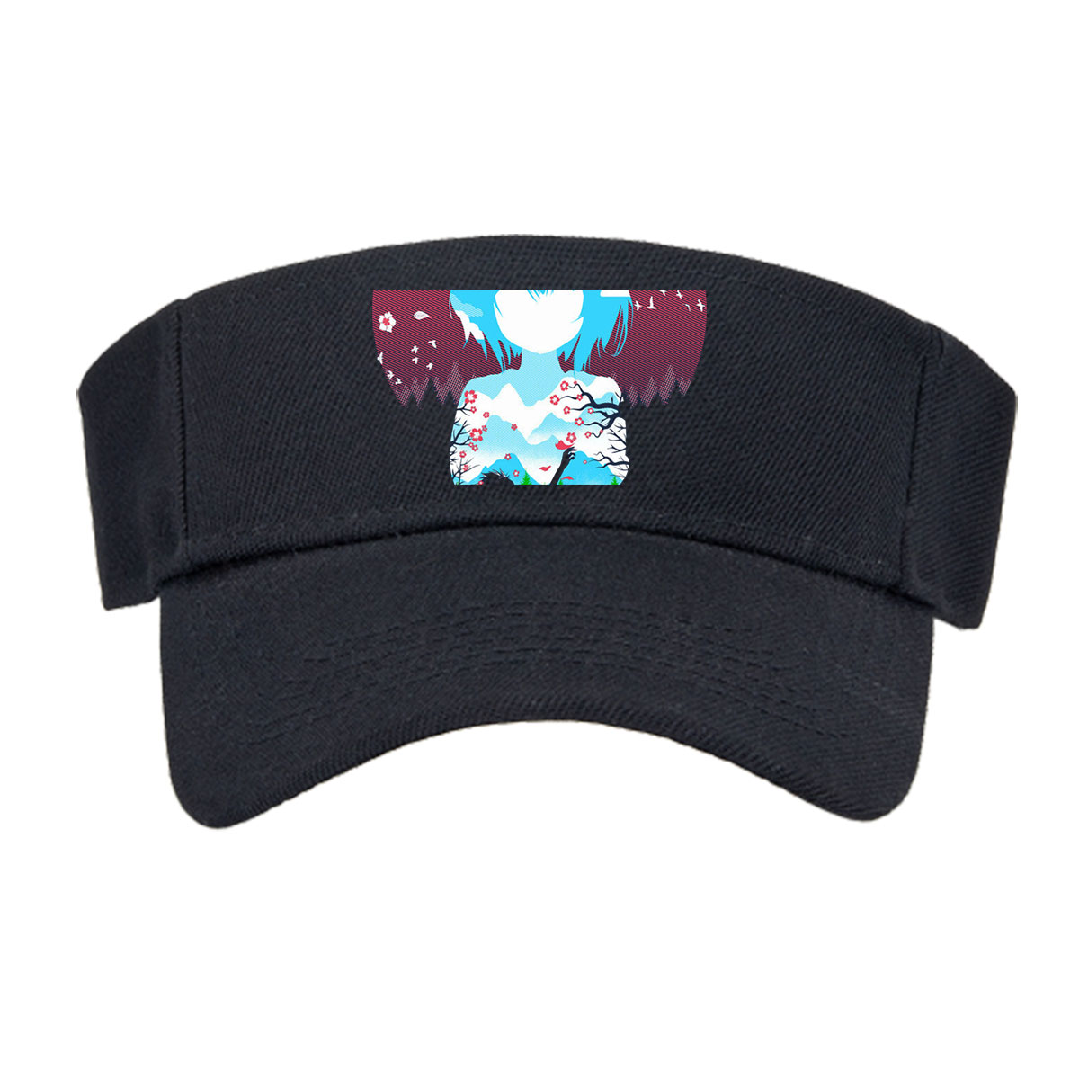 Two Figures Under Cherry Blossoms with Mountain Landscape and Sky Background -  Visor cap