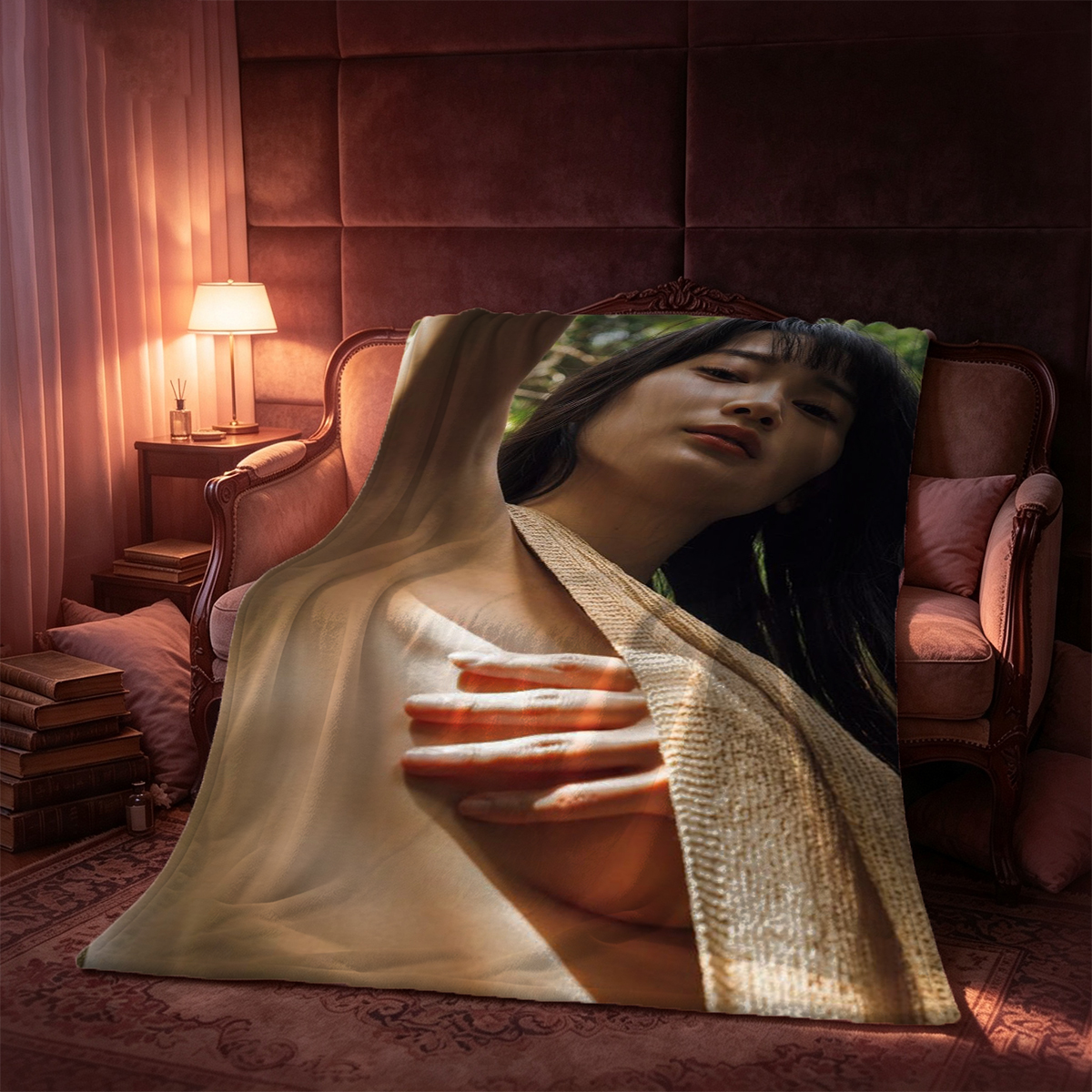 Honey in White Lingerie Dripping Oil on Her Chest - Blanket