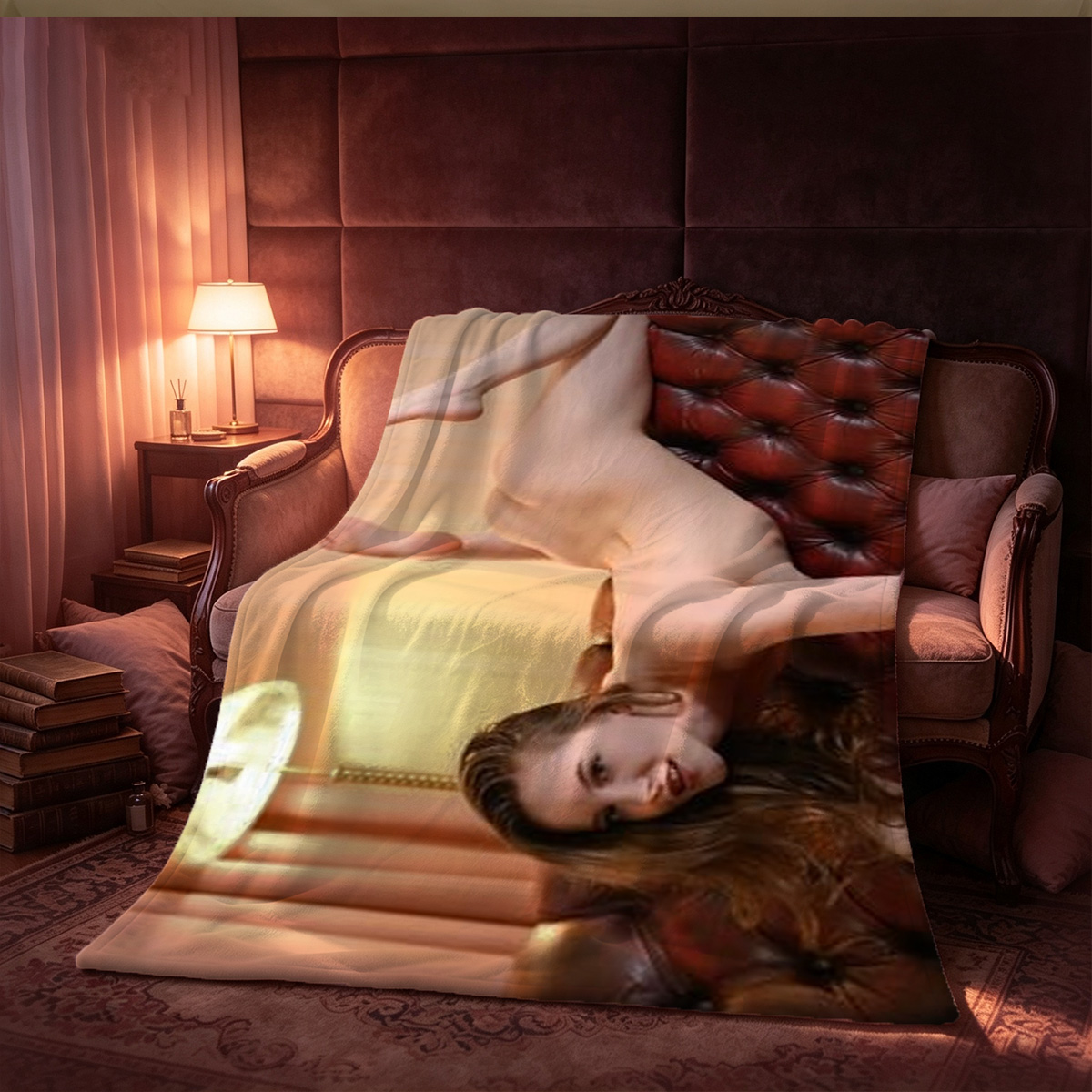 A seductive Asian beauty in black micro bikini and fishnet stockings poses on a luxury bed. - Blanket