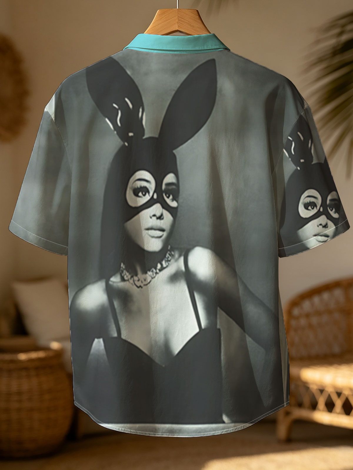 Bunny Masked Woman in Black Dress with Pearl Necklace -  Shirt