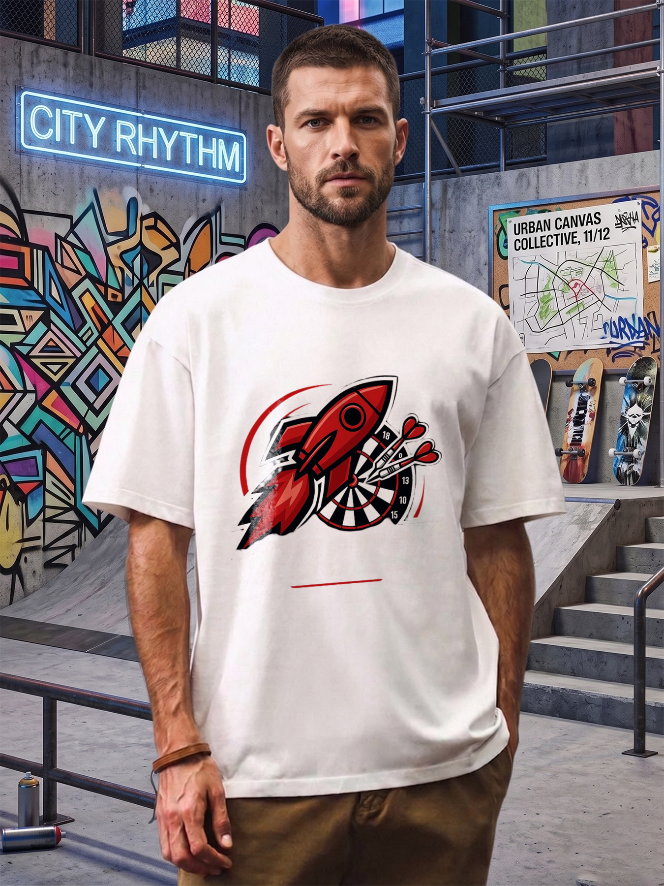 Men's Printed T-Shirt Rocket Dart Target ROCCO Graphic Design Casual Round Neck Summer Lightweight Breathable Short Sleeve Tee for Gaming Fans and Outdoor Enthusiasts