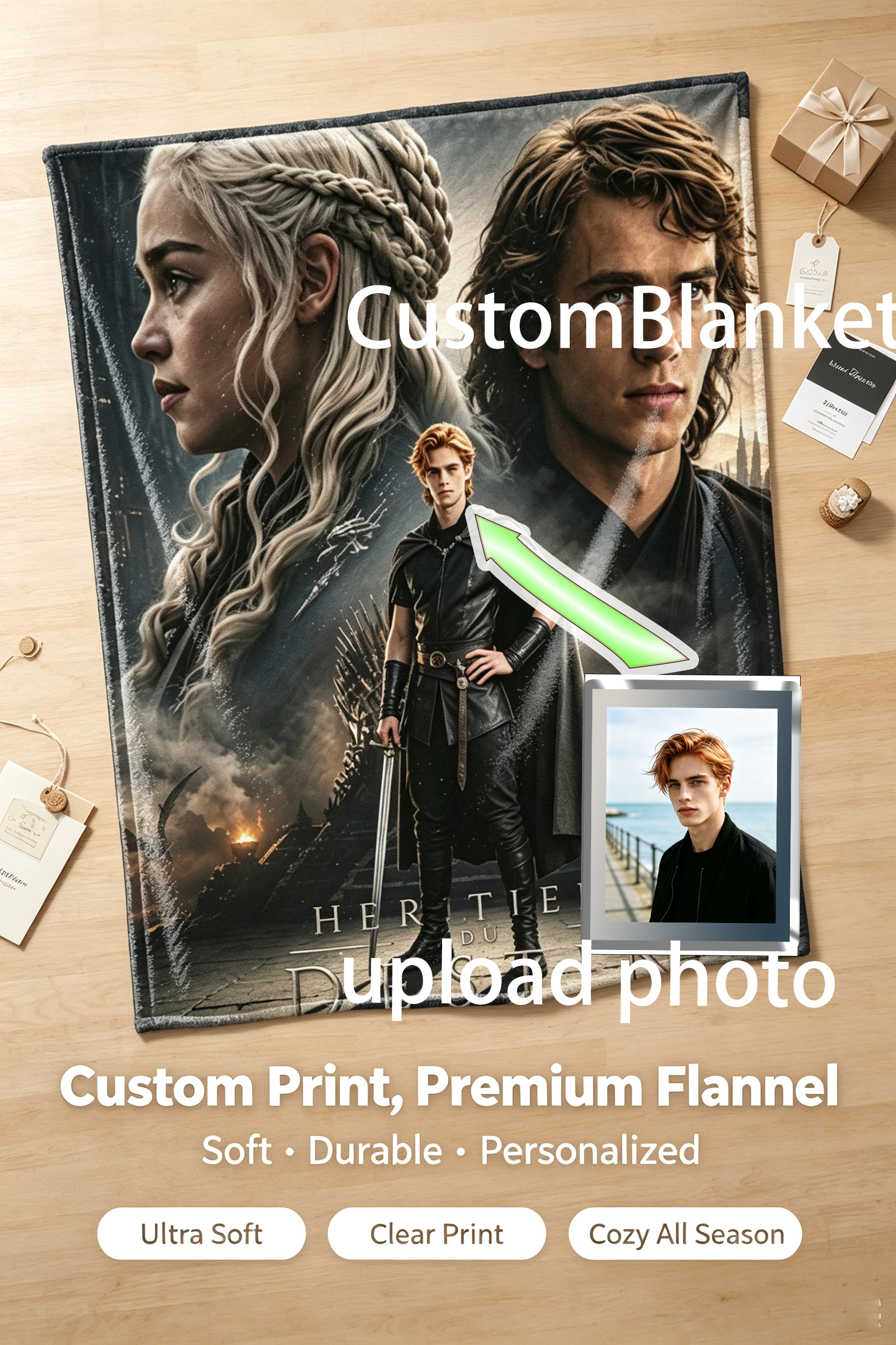 Custom Face Blanket - House of the Dragon Inspired Flannel Blanket for Fans of Game of Thrones - Perfect for Couch, Bed, or as a Unique Gift or Giveaway