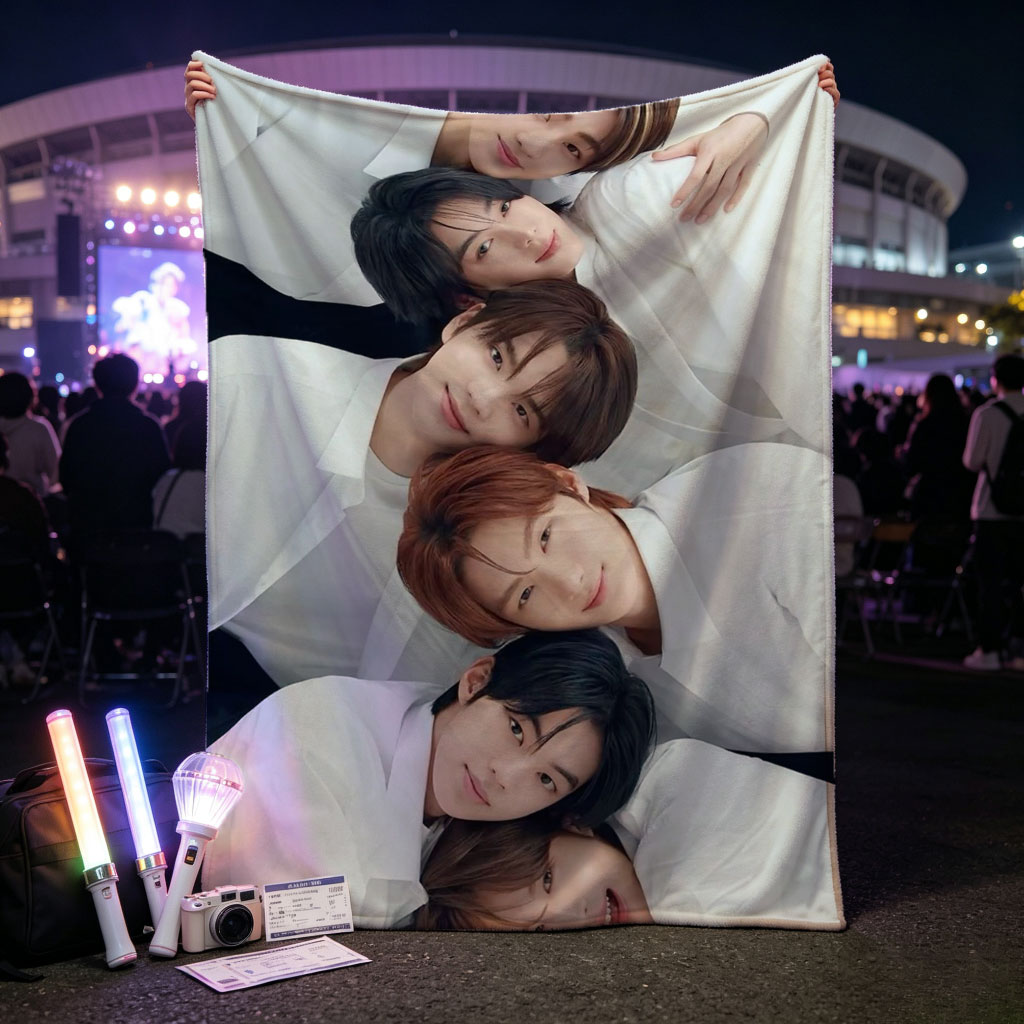 BOYNEXTDOOR Group Photo - Six Members in White Shirts Posing Closely Together on a White Background - Blankets