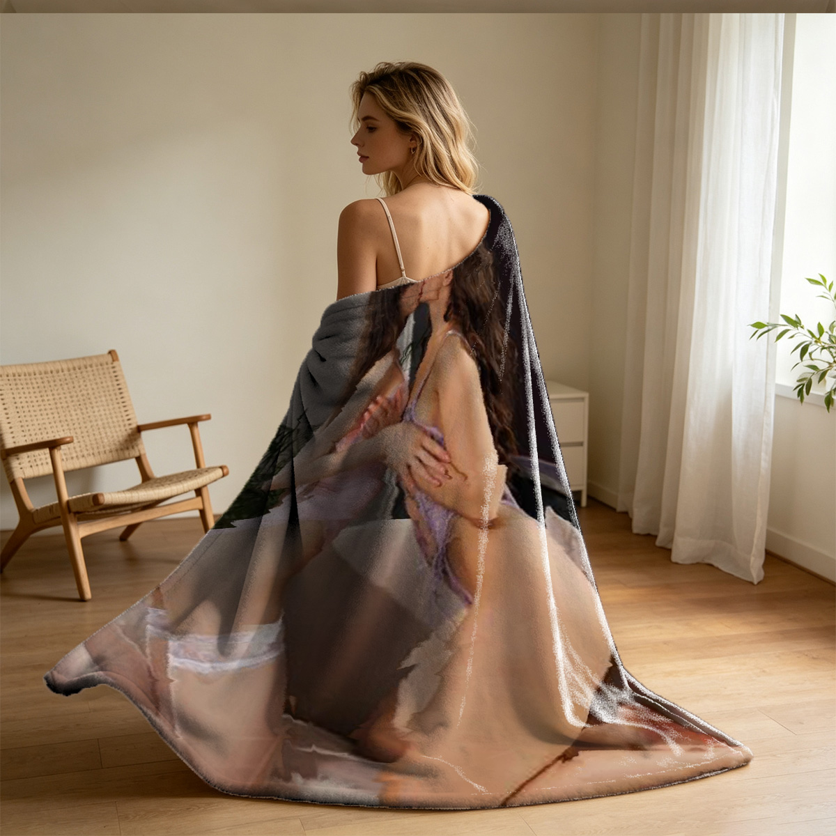 Barefoot Woman Relaxing on Green Chair - Blanket