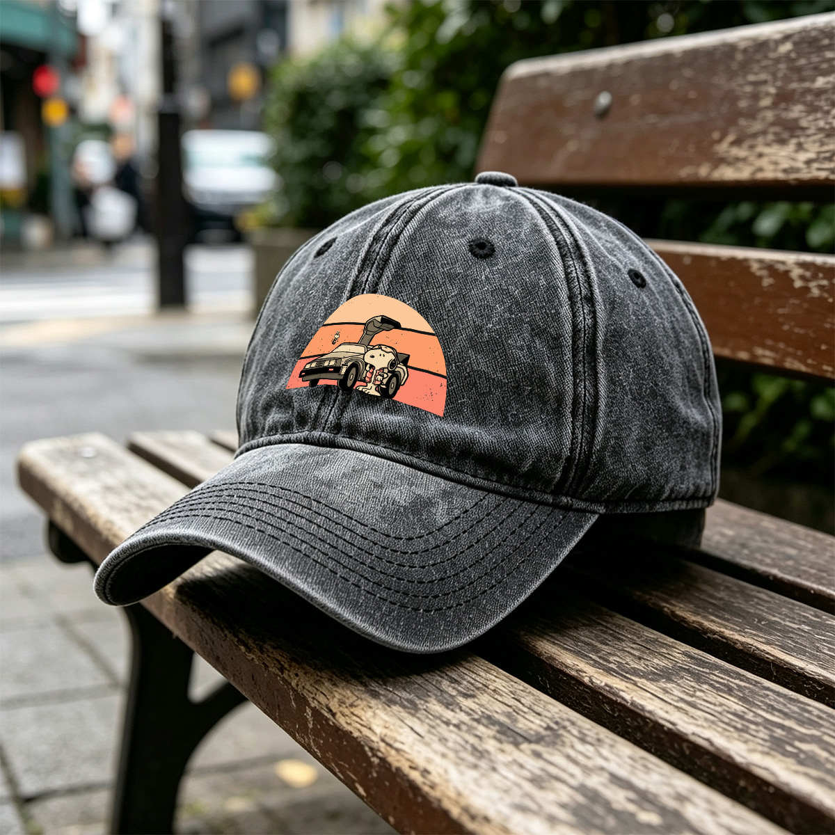 Snoopy and Woodstock in a DeLorean - Washed Denim - Baseball Cap