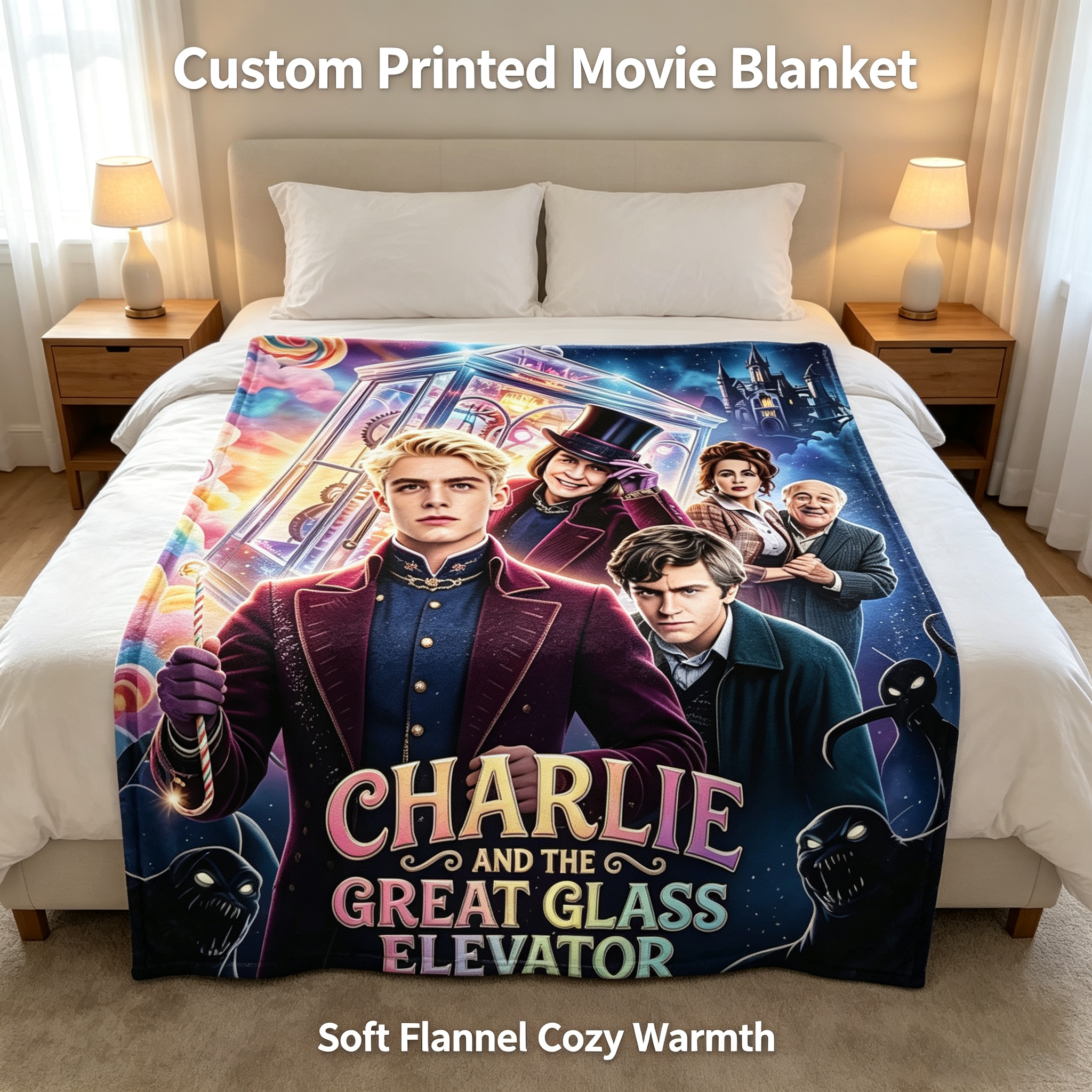 Custom Face Blanket Charlie and the Great Glass Elevator Flannel Blanket Movie-Themed Cozy Throw Perfect for Fans of Johnny Depp and Freddie Highmore Ideal Gift or Giveaway for Kids and Adults