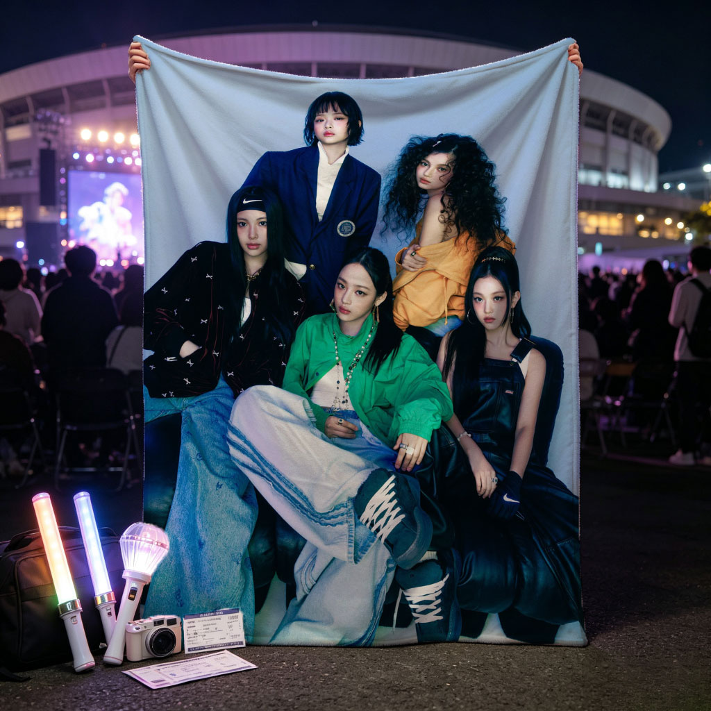 NewJeans Group Photo - Five Members in Stylish Outfits Posed Against a Blue Background - Blankets