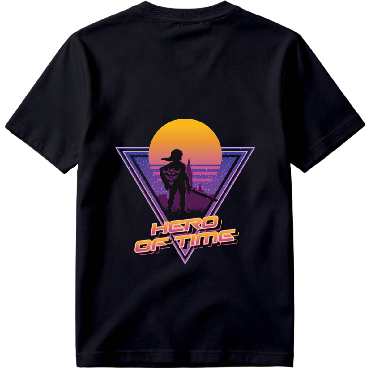 Hero of Time: Link Silhouette in Retro Sunset Scene - Tee