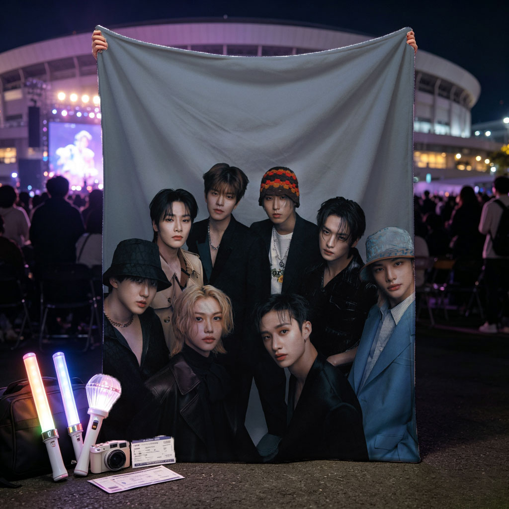Stray Kids Group Photo - Seven Members in Stylish Outfits Against a Gray Background - Blankets