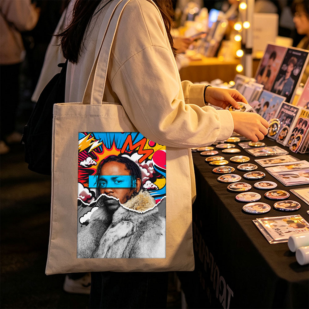 Kendrick Lamar in a Fur Coat with Comic-Style Background and Blue Eye Mask - Canvas tote bags