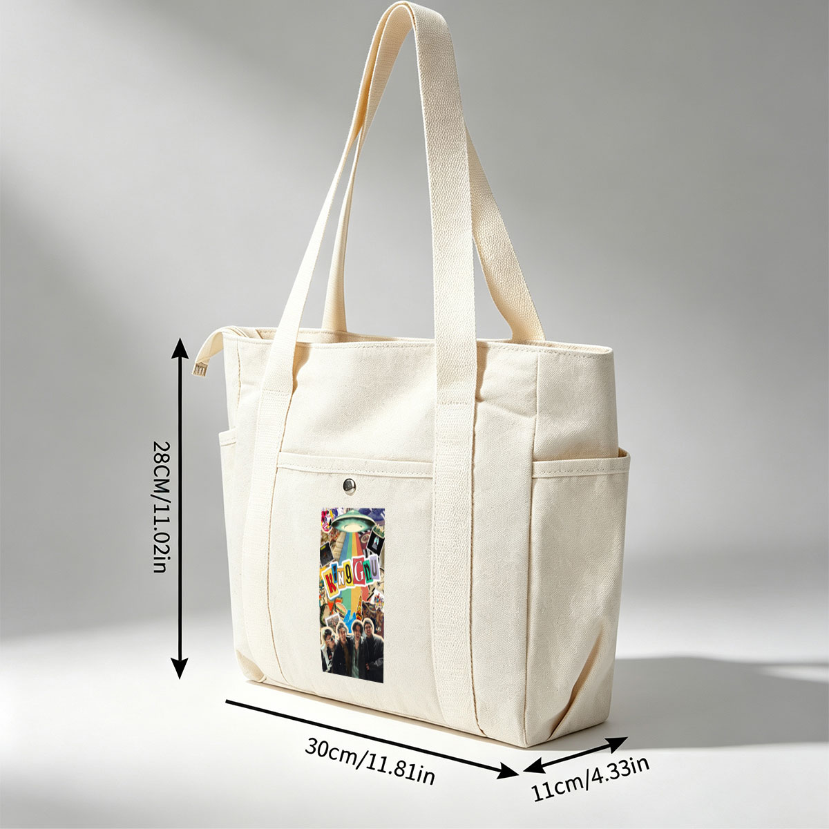 King Gnu Band Members in a Vibrant Collage Featuring Rainbow Path, UFO, and Pop Culture Elements - Multi-pocket bags