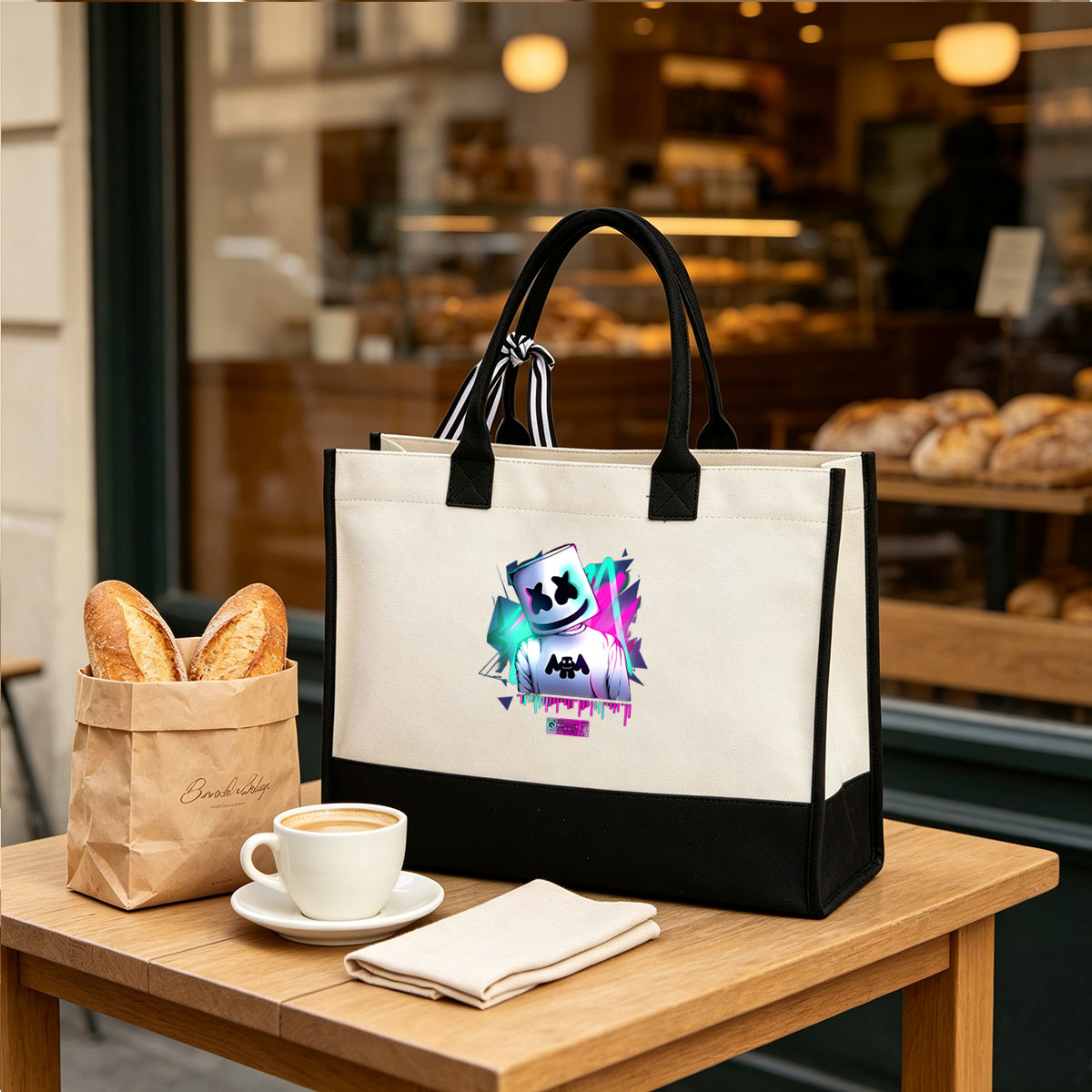Marshmello DJ Performance with Neon Lights and Music Visualizer - Canvas patchwork gift tote bag