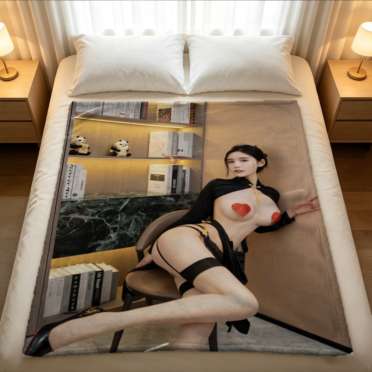 Blonde woman in beige lingerie drinking coffee in kitchen - Blanket