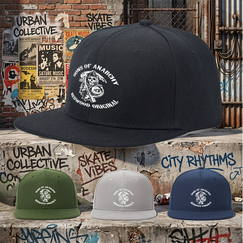 Flat Brim Baseball Cap Sons of Anarchy Reaper Logo Print Streetwear Underground Skate Style for Basketball Court Urban Street Skate Park Wear by Skaters Rappers Street Culture Enthusiasts