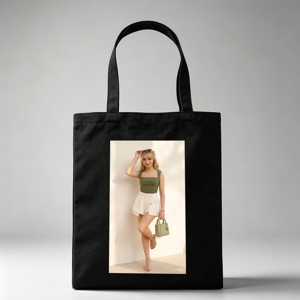 Sabrina Carpenter in a stylish summer outfit featuring a green ruched top and white shorts, accessorized with a matching handbag and gold heels. - Canvas tote bags