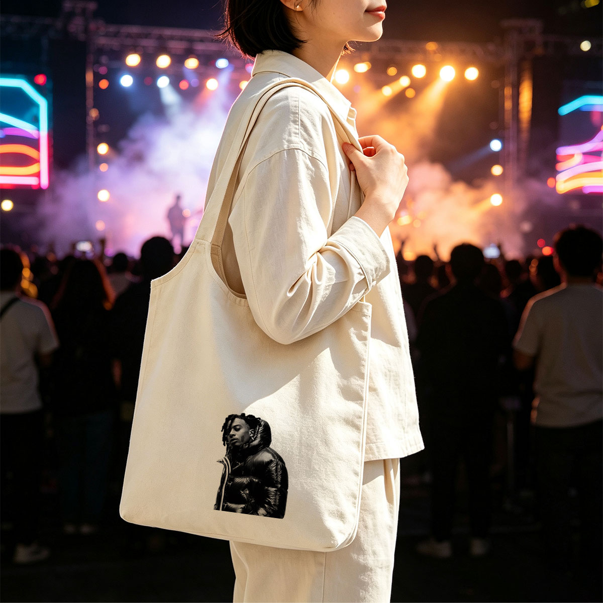 Lil Durk in a Bold Black Puffer Jacket Against a Stark White Background - Canvas shoulder bags/